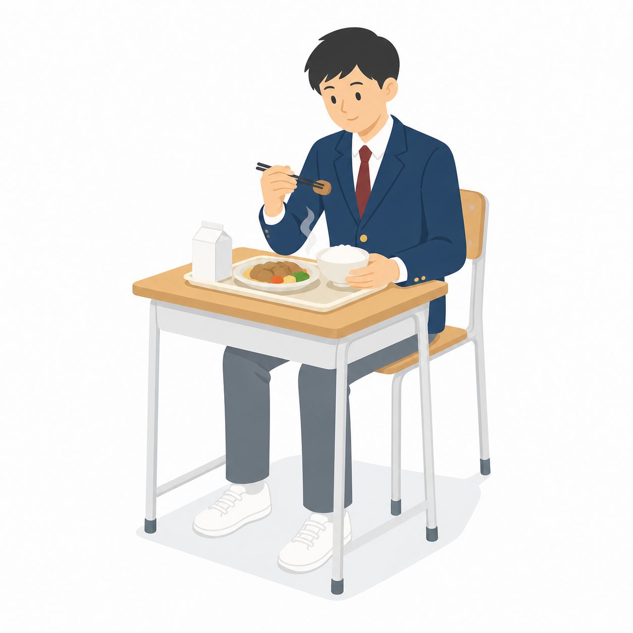 中学生・給食を食べる男子（ブレザー）。給食を食べる男子中学生。輪郭線なしのフラットイラスト。制服は紺ブレザー×えんじのシリーズ共通デザインなので、他の中学生素材と組み合わせても同じ学校の場面になります。