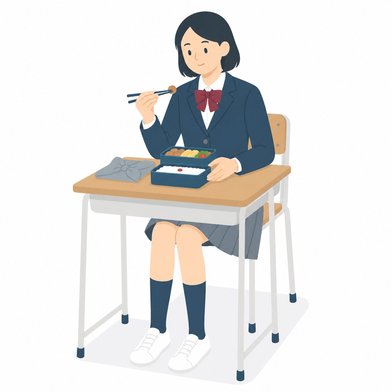中学生・お弁当を食べる女子（ブレザー）。お弁当を食べる女子中学生。輪郭線なしのフラットイラスト。制服は紺ブレザー×えんじのシリーズ共通デザインなので、他の中学生素材と組み合わせても同じ学校の場面になります。