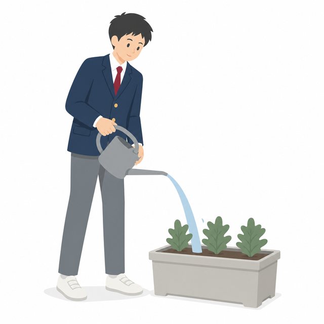 中学生・花に水をやる男子（ブレザー）