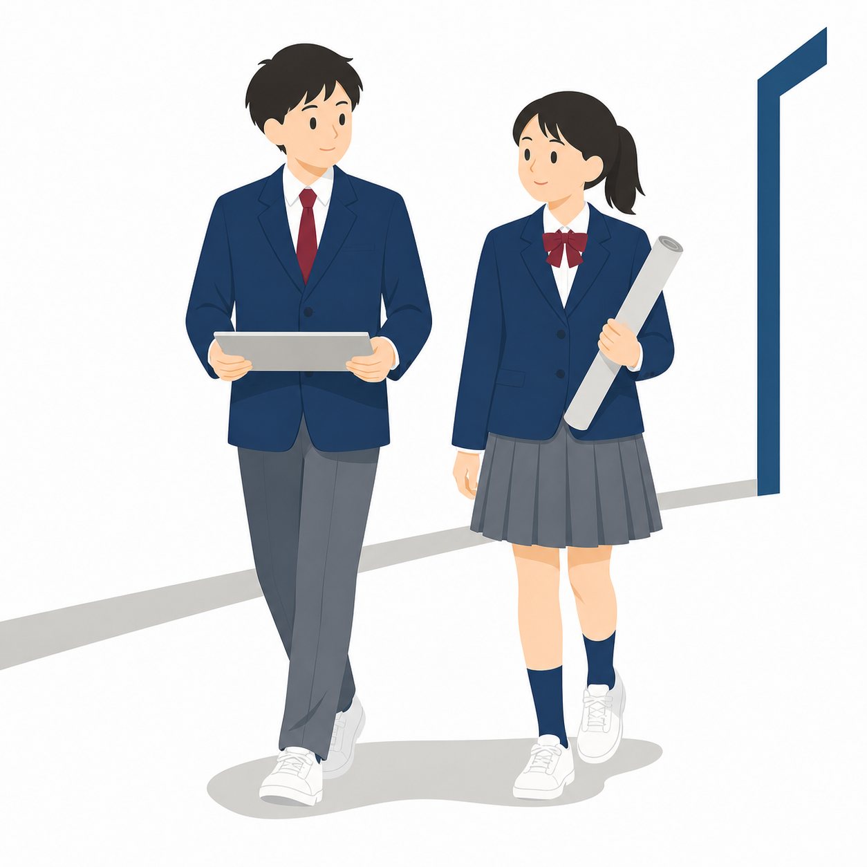 中学生・廊下を歩く男女（係の仕事）（ブレザー）。ファイルを持って廊下を歩く男女。輪郭線なしのフラットイラスト。制服は紺ブレザー×えんじのシリーズ共通デザインなので、他の中学生素材と組み合わせても同じ学校の場面になります。