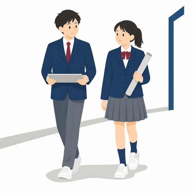 中学生・廊下を歩く男女（係の仕事）（ブレザー）