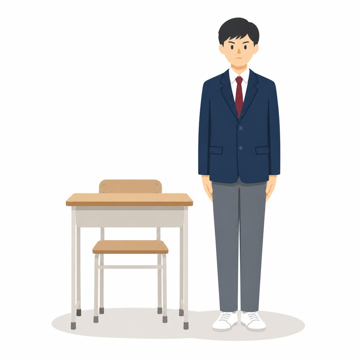 中学生・号令をかける男子（ブレザー）。起立の号令をかける男子中学生。輪郭線なしのフラットイラスト。制服は紺ブレザー×えんじのシリーズ共通デザインなので、他の中学生素材と組み合わせても同じ学校の場面になります。
