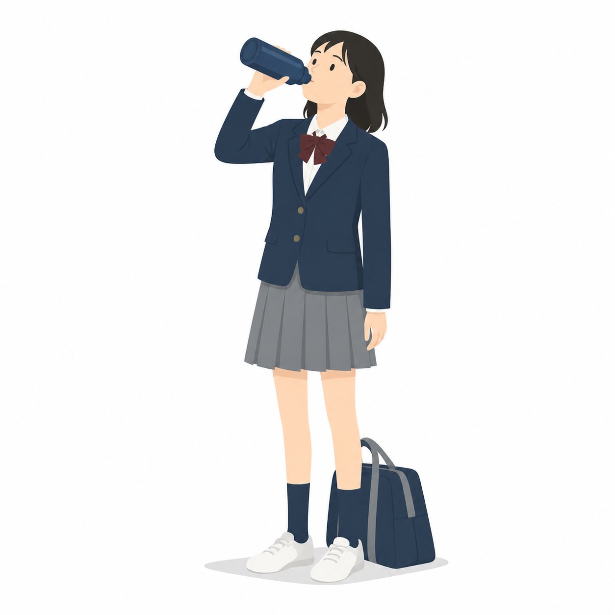 中学生・水分補給する女子（ブレザー）。水筒で水分補給する女子中学生。輪郭線なしのフラットイラスト。制服は紺ブレザー×えんじのシリーズ共通デザインなので、他の中学生素材と組み合わせても同じ学校の場面になります。