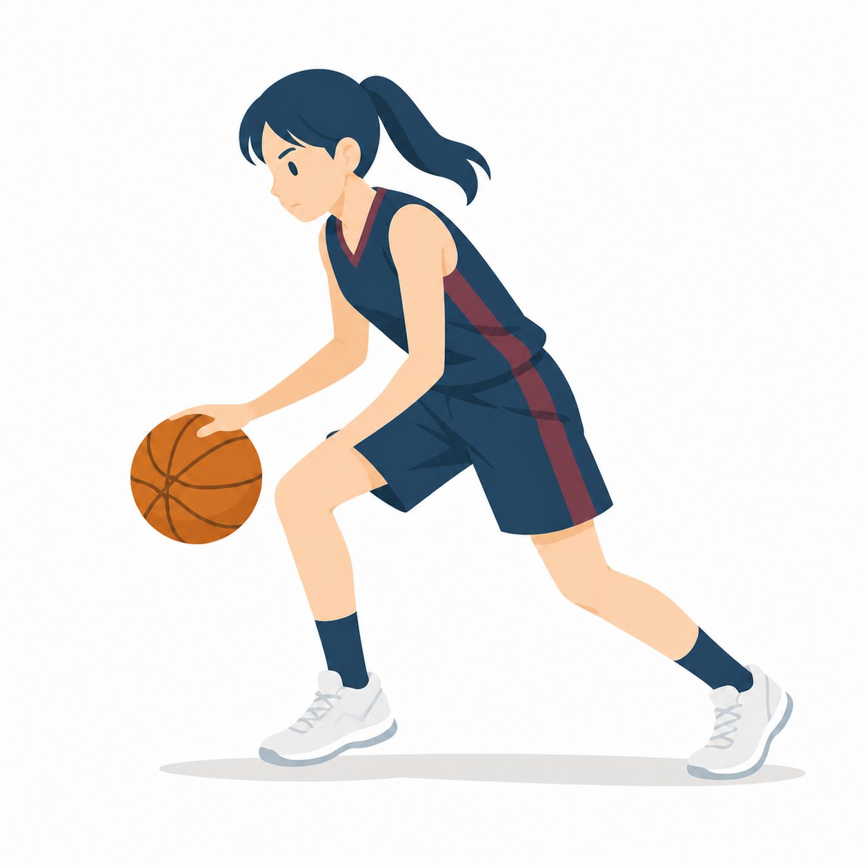 中学生・バスケ・ドリブルする女子。低くドリブルする女子。輪郭線なしのフラットイラスト。制服は紺ブレザー×えんじのシリーズ共通デザインなので、同じシリーズの素材と組み合わせても同じ学校の場面になります。