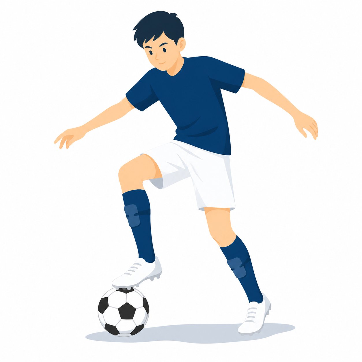 中学生・サッカー・ドリブルする男子。ボールを運ぶ男子。輪郭線なしのフラットイラスト。制服は紺ブレザー×えんじのシリーズ共通デザインなので、他の中学生素材と組み合わせても同じ学校の場面になります。