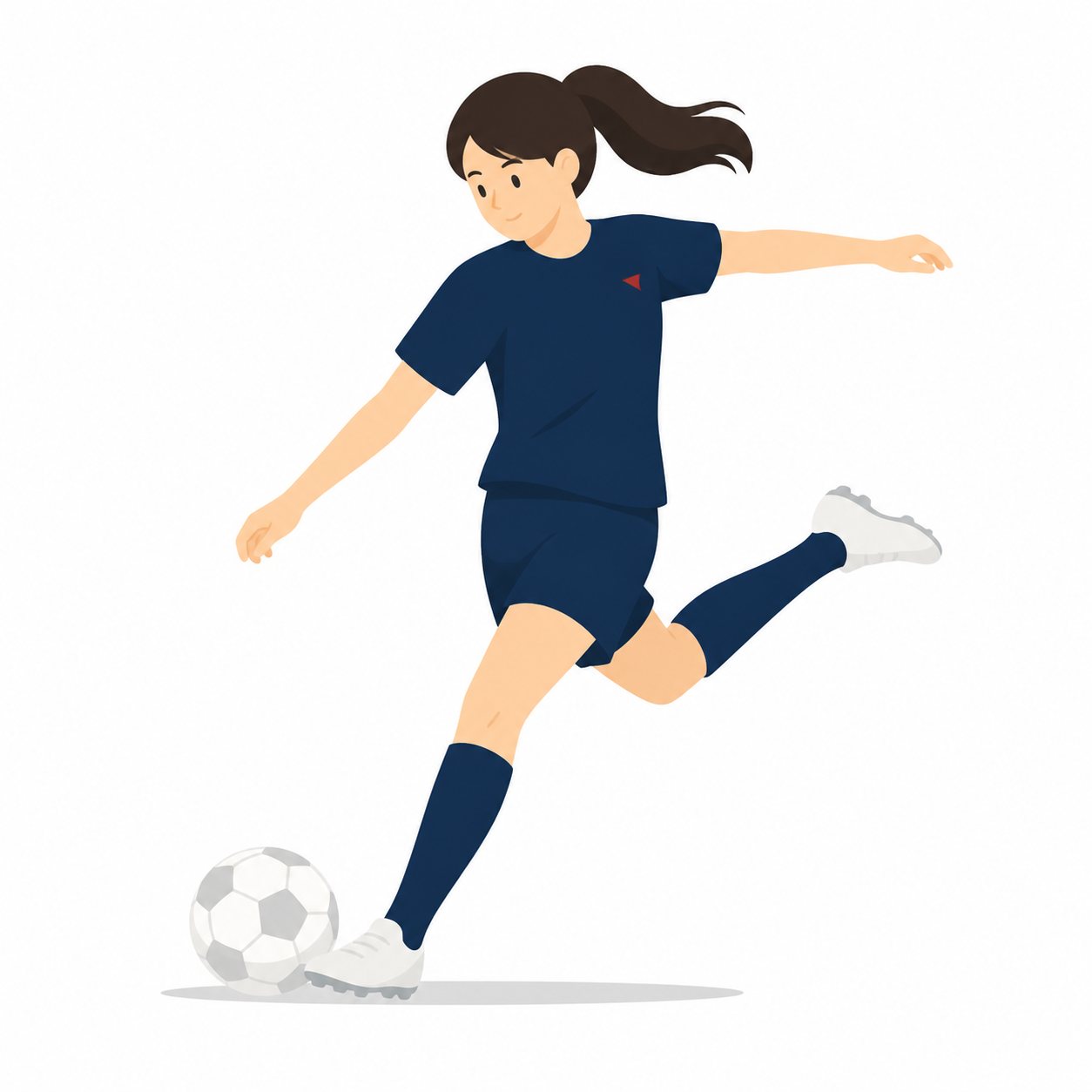 中学生・サッカー・シュートする女子。力強くシュートする女子。輪郭線なしのフラットイラスト。制服は紺ブレザー×えんじのシリーズ共通デザインなので、他の中学生素材と組み合わせても同じ学校の場面になります。