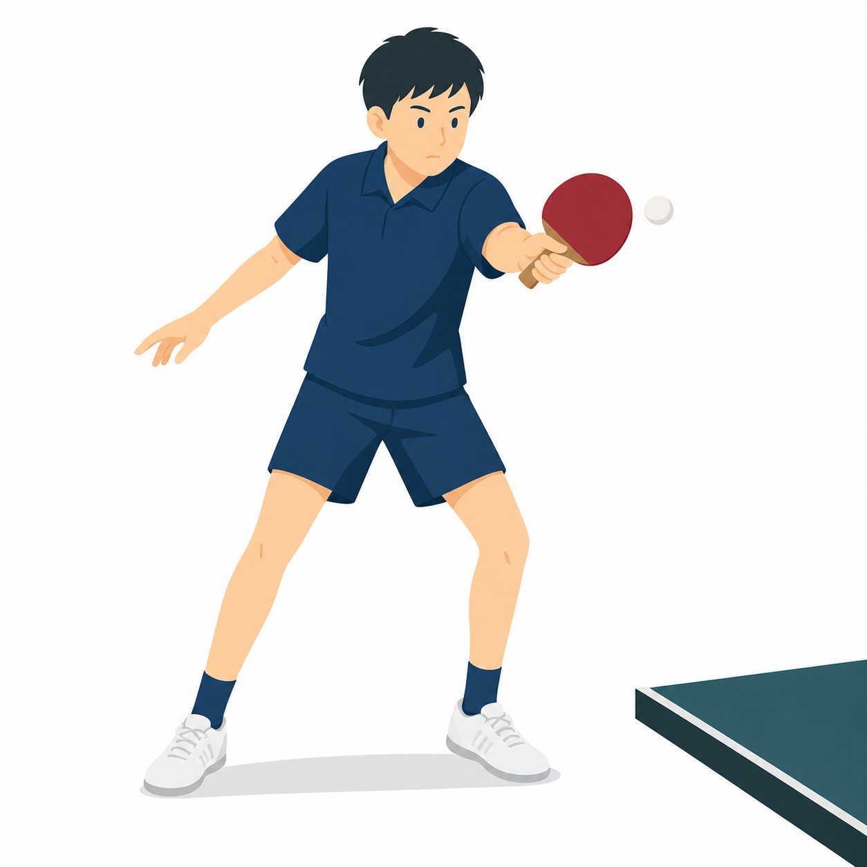 中学生・卓球・フォアハンドの男子。フォアハンドを打つ男子。輪郭線なしのフラットイラスト。制服は紺ブレザー×えんじのシリーズ共通デザインなので、他の中学生素材と組み合わせても同じ学校の場面になります。