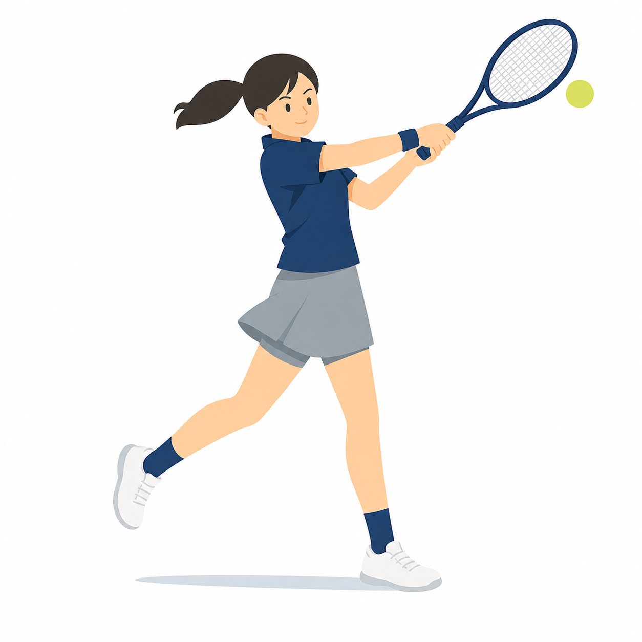 中学生・ソフトテニス・ストロークの女子。フォアハンドを打つ女子。輪郭線なしのフラットイラスト。制服は紺ブレザー×えんじのシリーズ共通デザインなので、他の中学生素材と組み合わせても同じ学校の場面になります。