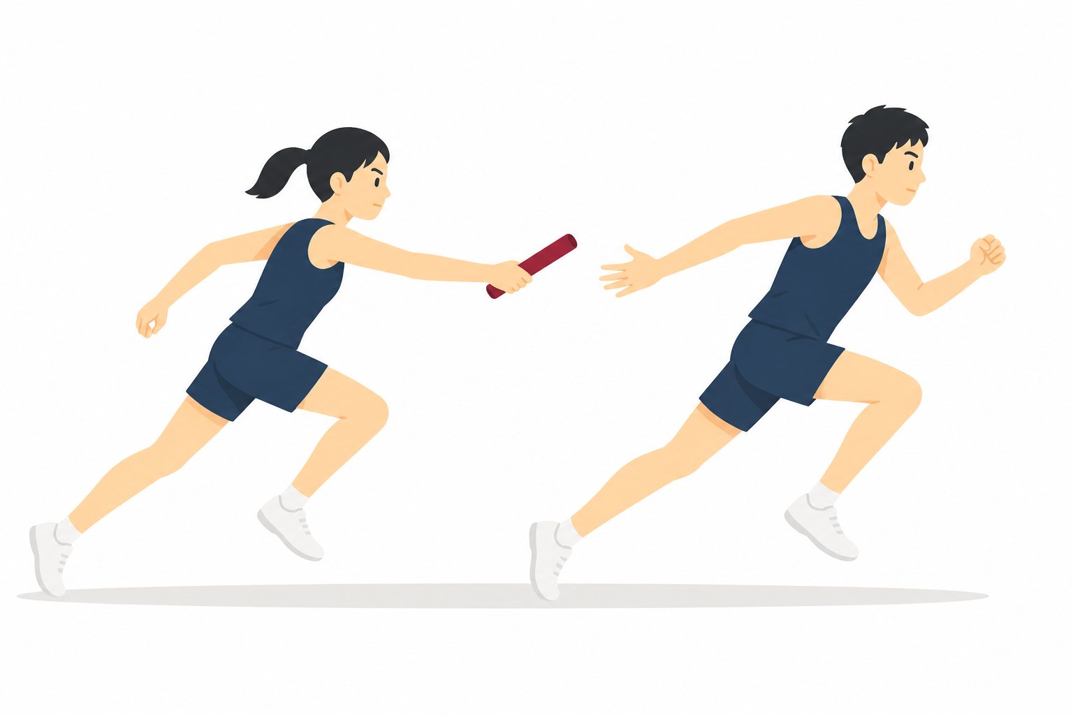 中学生・陸上・リレーのバトンパス。バトンパスする2人。輪郭線なしのフラットイラスト。制服は紺ブレザー×えんじのシリーズ共通デザインなので、他の中学生素材と組み合わせても同じ学校の場面になります。