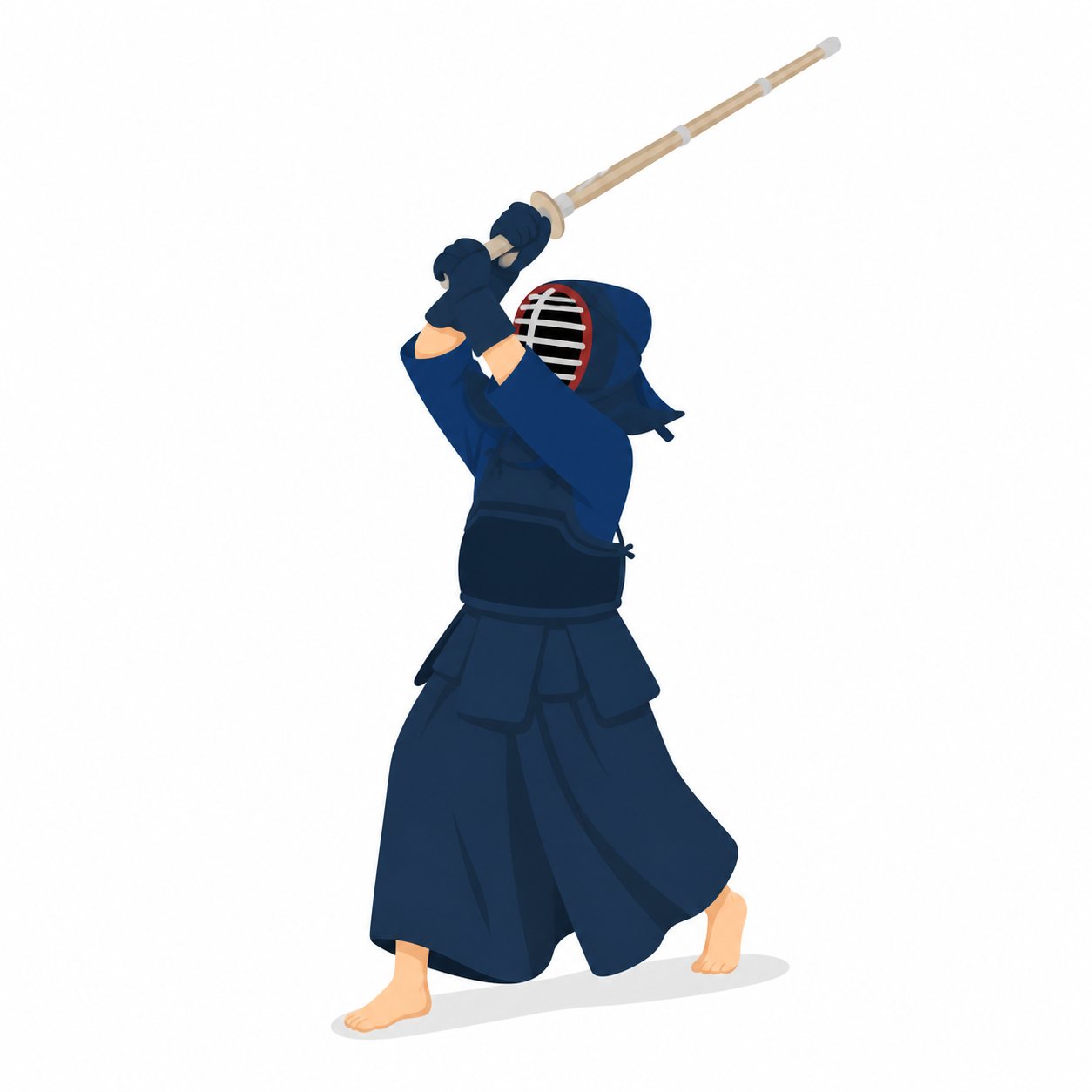 中学生・剣道・面を打つ構えの男子。竹刀を振りかぶる剣道部員。輪郭線なしのフラットイラスト。制服は紺ブレザー×えんじのシリーズ共通デザインなので、他の中学生素材と組み合わせても同じ学校の場面になります。