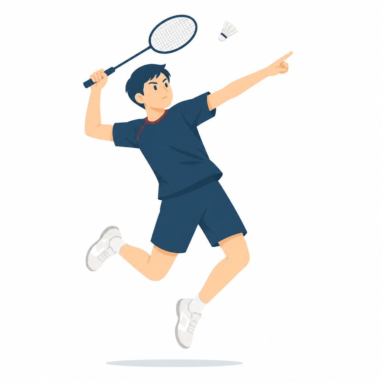 中学生・バドミントン・スマッシュする男子。スマッシュを打つ男子。輪郭線なしのフラットイラスト。制服は紺ブレザー×えんじのシリーズ共通デザインなので、他の中学生素材と組み合わせても同じ学校の場面になります。