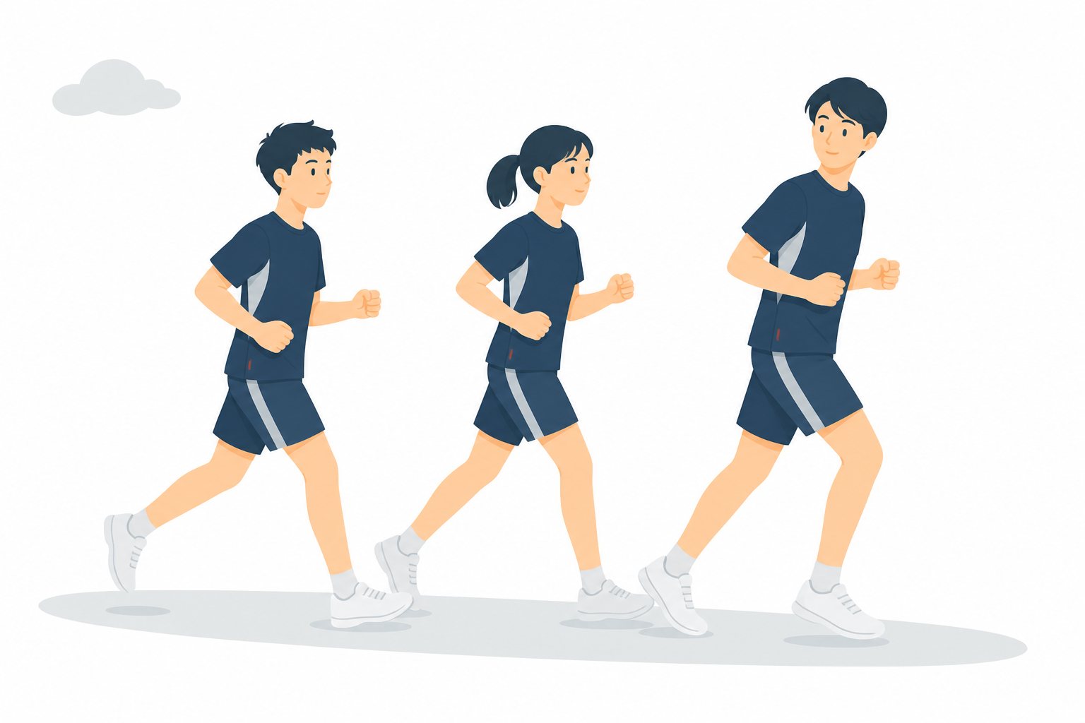 中学生・外周をランニングする部員たち。並んでランニングする部員3人。輪郭線なしのフラットイラスト。制服は紺ブレザー×えんじのシリーズ共通デザインなので、他の中学生素材と組み合わせても同じ学校の場面になります。