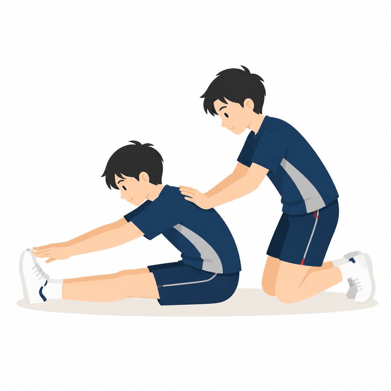 中学生・ペアでストレッチする2人。ペアストレッチする2人。輪郭線なしのフラットイラスト。制服は紺ブレザー×えんじのシリーズ共通デザインなので、他の中学生素材と組み合わせても同じ学校の場面になります。