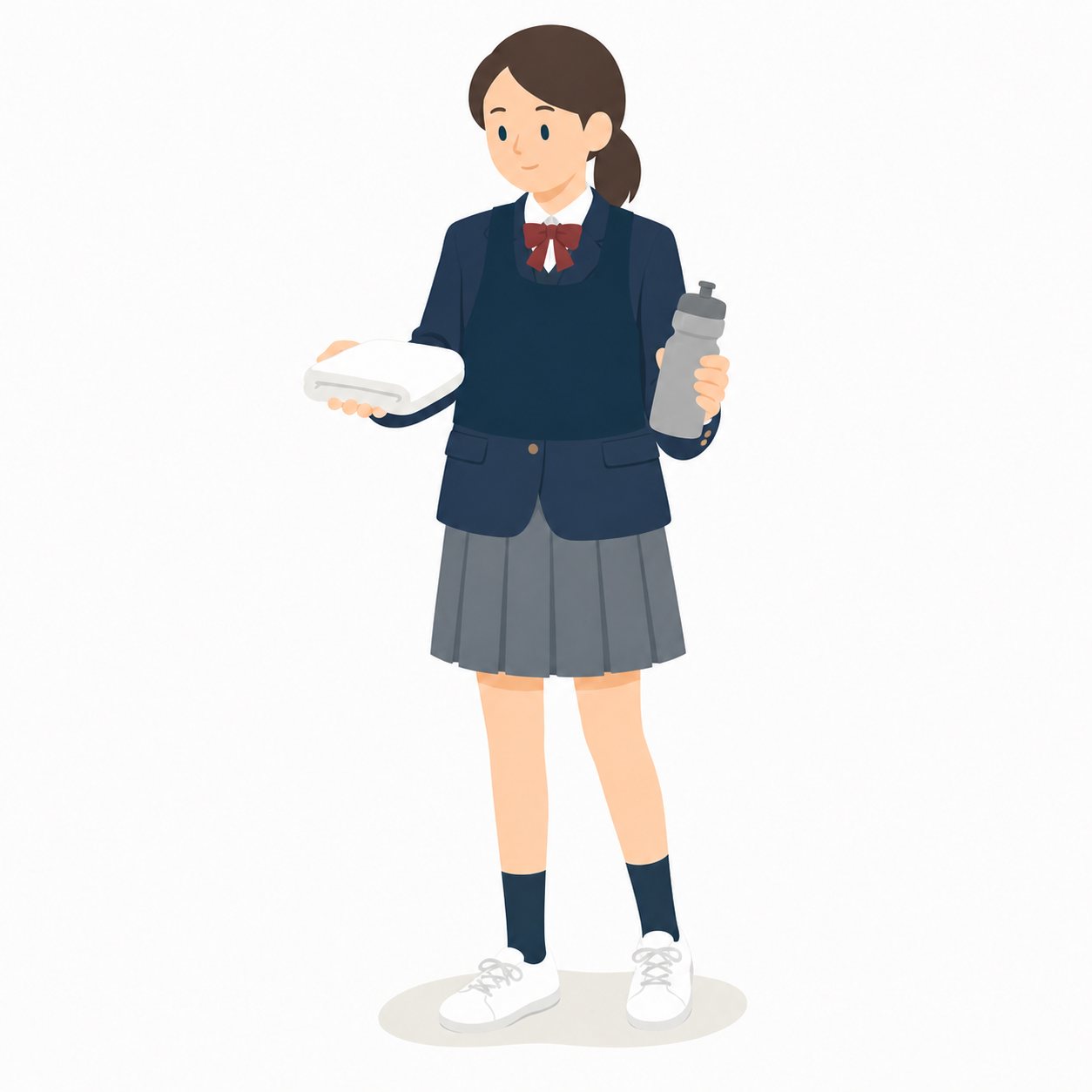 中学生・マネージャーの女子（ブレザー）。タオルとドリンクを渡すマネージャー。輪郭線なしのフラットイラスト。制服は紺ブレザー×えんじのシリーズ共通デザインなので、同じシリーズの素材と組み合わせても同じ学校の場面になります。