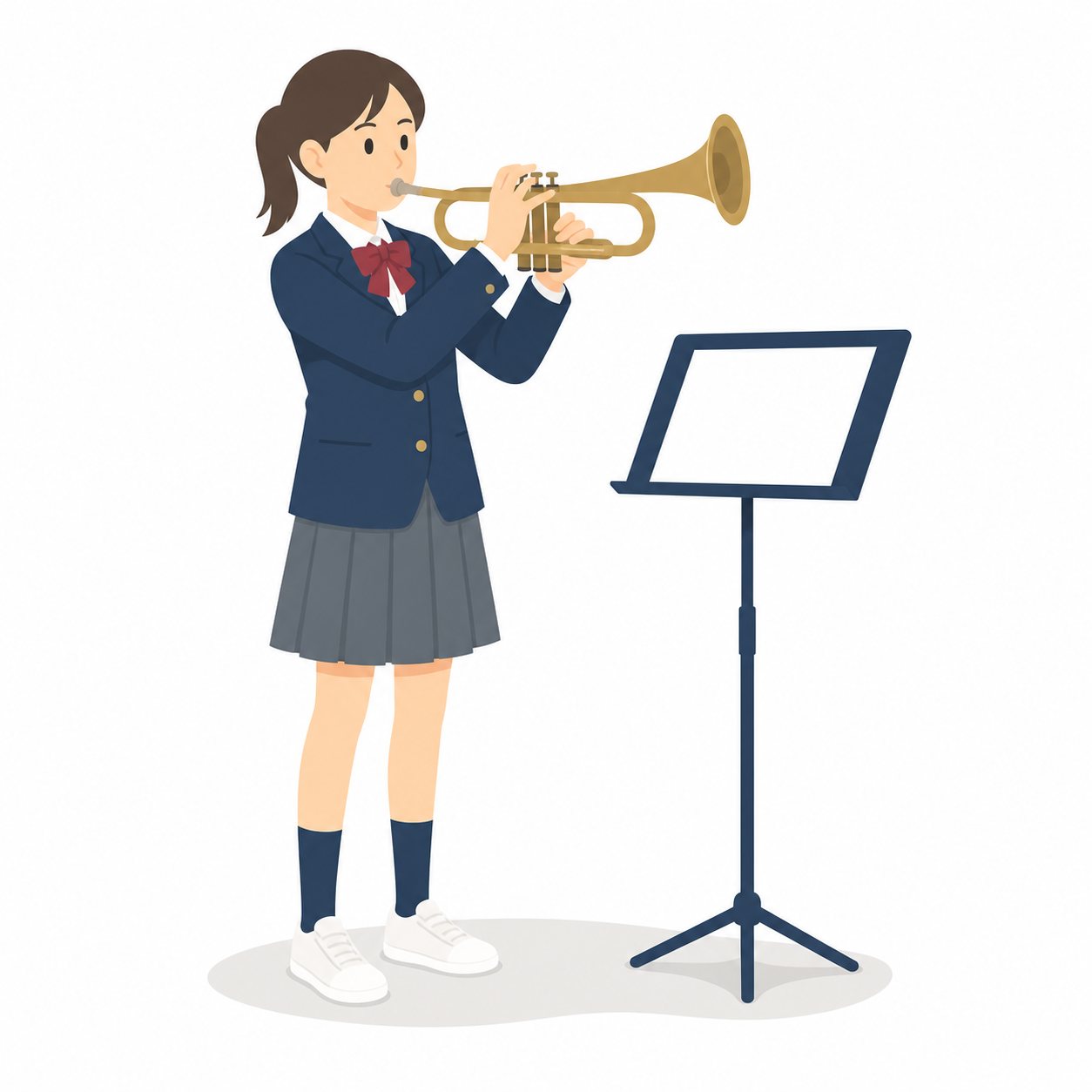 中学生・吹奏楽・トランペットの女子(ブレザー)。トランペットを吹く女子。輪郭線なしのフラットイラスト。制服は紺ブレザー×えんじのシリーズ共通デザインなので、他の中学生素材と組み合わせても同じ学校の場面になります。