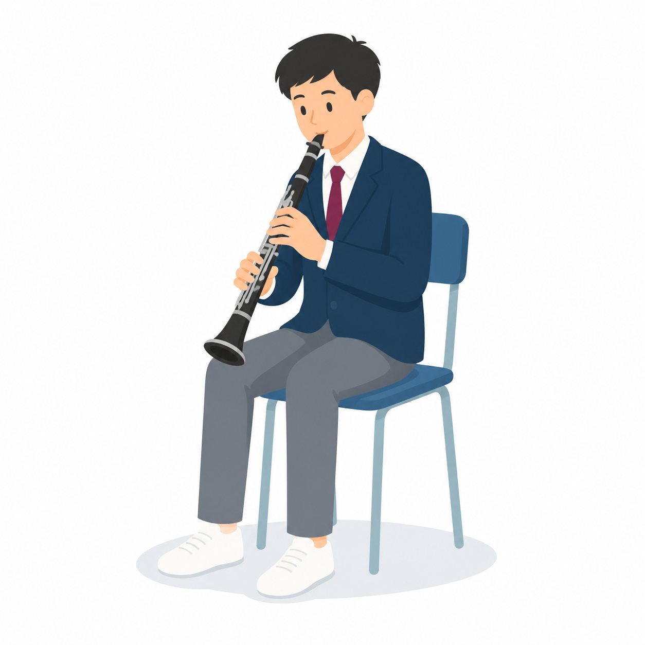 中学生・吹奏楽・クラリネットの男子（ブレザー）。クラリネットを吹く男子。輪郭線なしのフラットイラスト。制服は紺ブレザー×えんじのシリーズ共通デザインなので、他の中学生素材と組み合わせても同じ学校の場面になります。