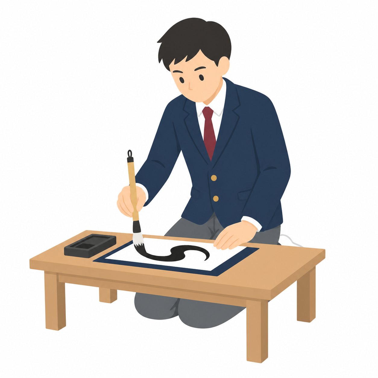 中学生・書道する男子（ブレザー）。太筆で書く男子。輪郭線なしのフラットイラスト。制服は紺ブレザー×えんじのシリーズ共通デザインなので、他の中学生素材と組み合わせても同じ学校の場面になります。