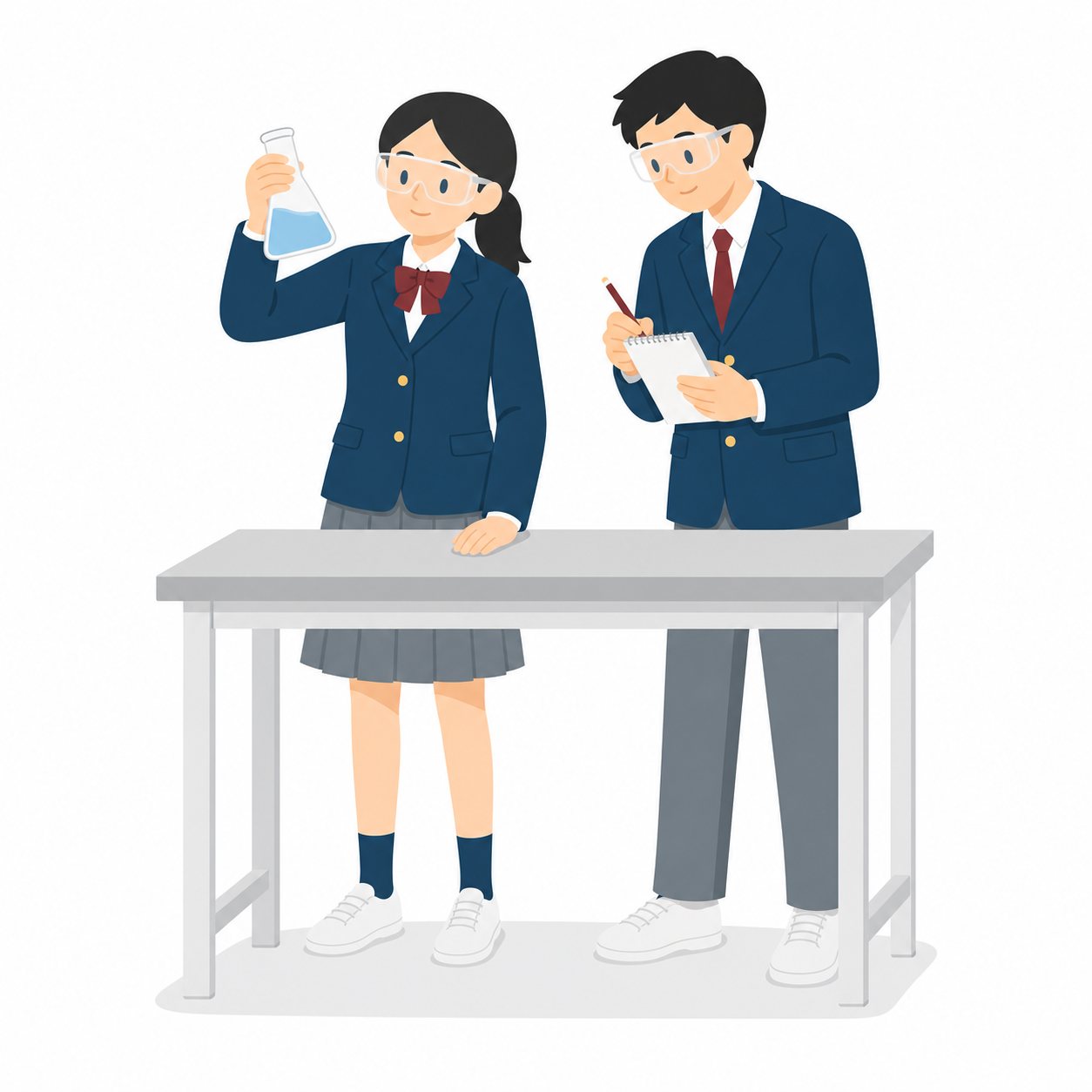 中学生・科学部の観察（2人）（ブレザー）。フラスコを観察する2人。輪郭線なしのフラットイラスト。制服は紺ブレザー×えんじのシリーズ共通デザインなので、他の中学生素材と組み合わせても同じ学校の場面になります。