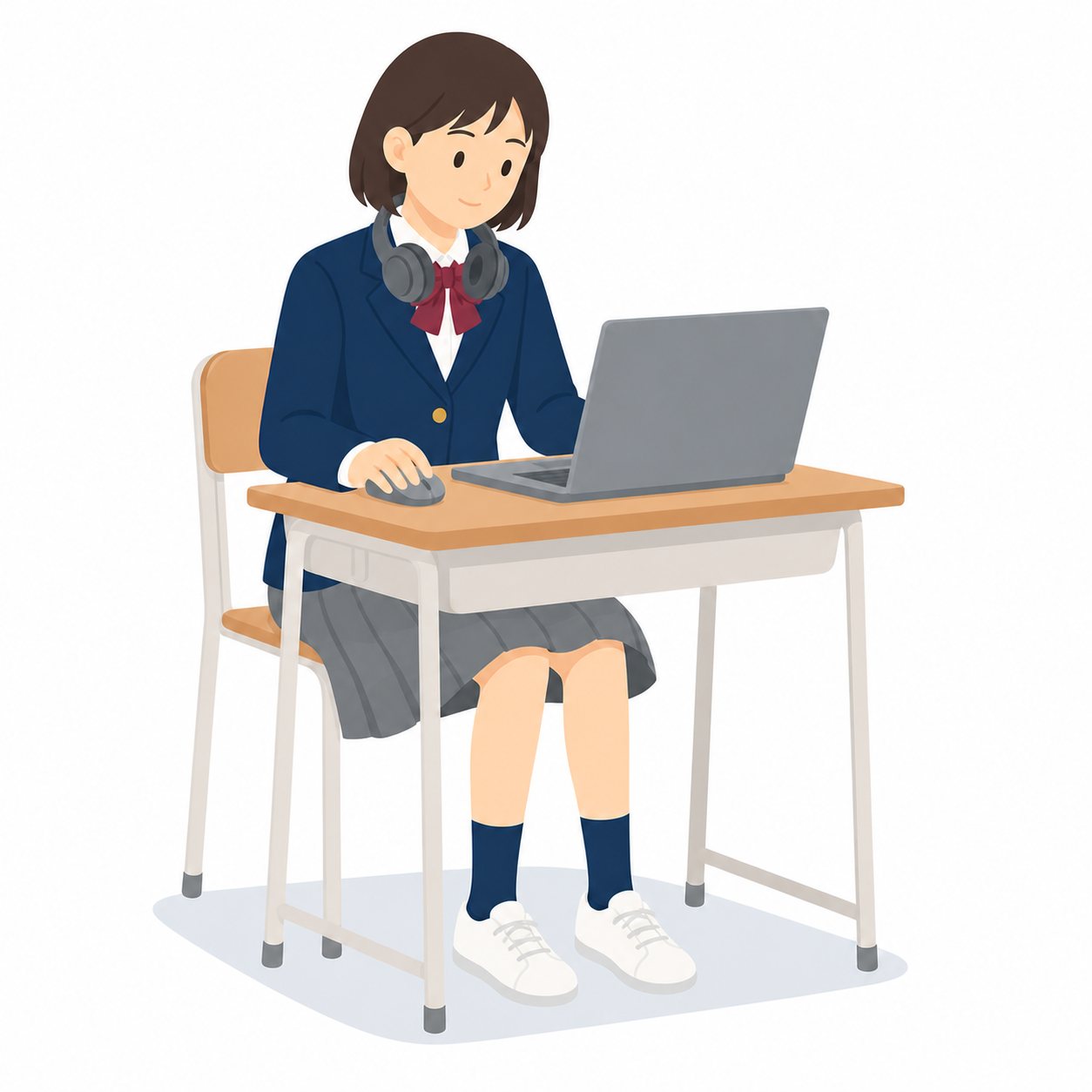 中学生・パソコン部の女子(ブレザー)。ノートPCで作業する女子。輪郭線なしのフラットイラスト。制服は紺ブレザー×えんじのシリーズ共通デザインなので、他の中学生素材と組み合わせても同じ学校の場面になります。