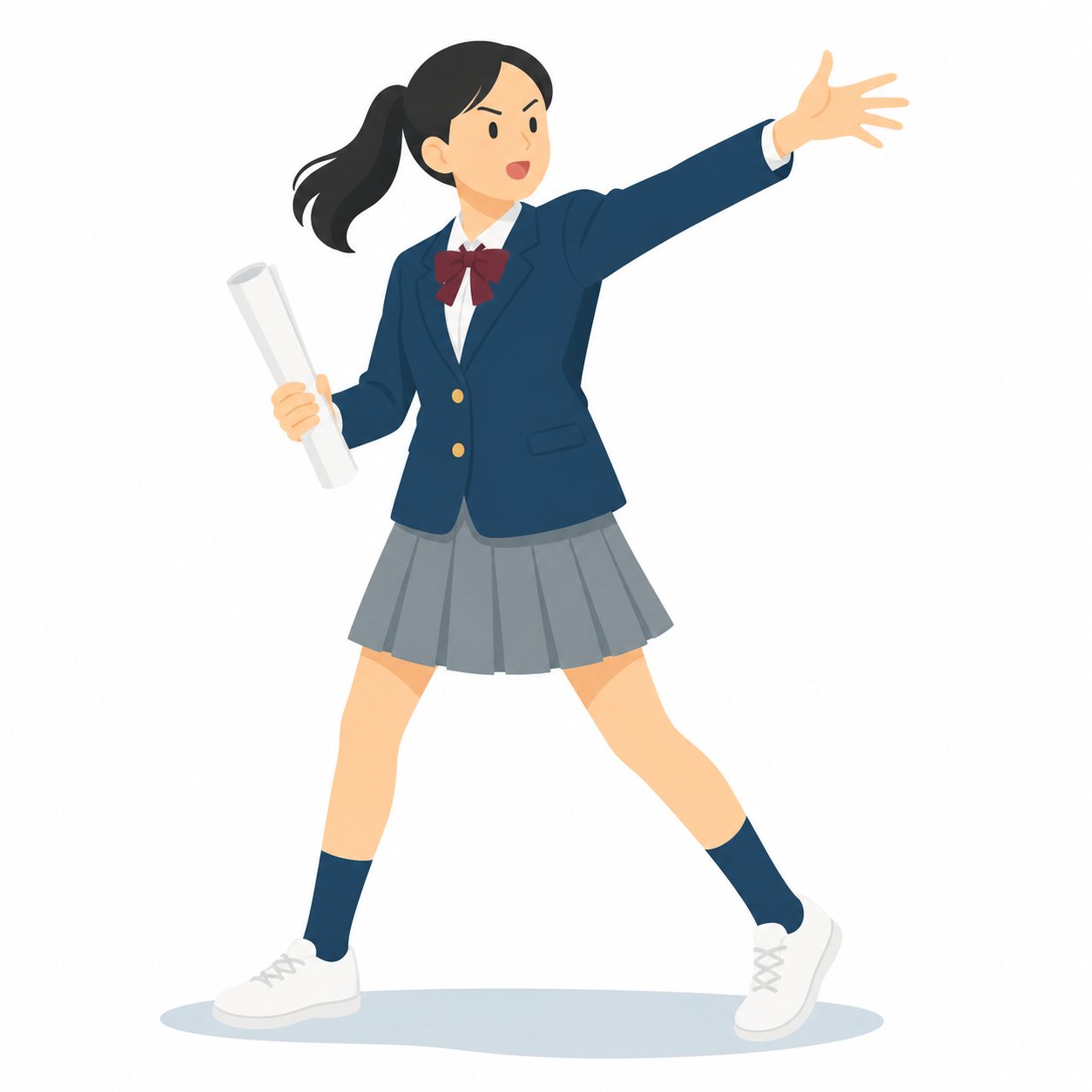 中学生・演劇部・けいこする女子（ブレザー）。せりふのけいこをする女子。輪郭線なしのフラットイラスト。制服は紺ブレザー×えんじのシリーズ共通デザインなので、他の中学生素材と組み合わせても同じ学校の場面になります。