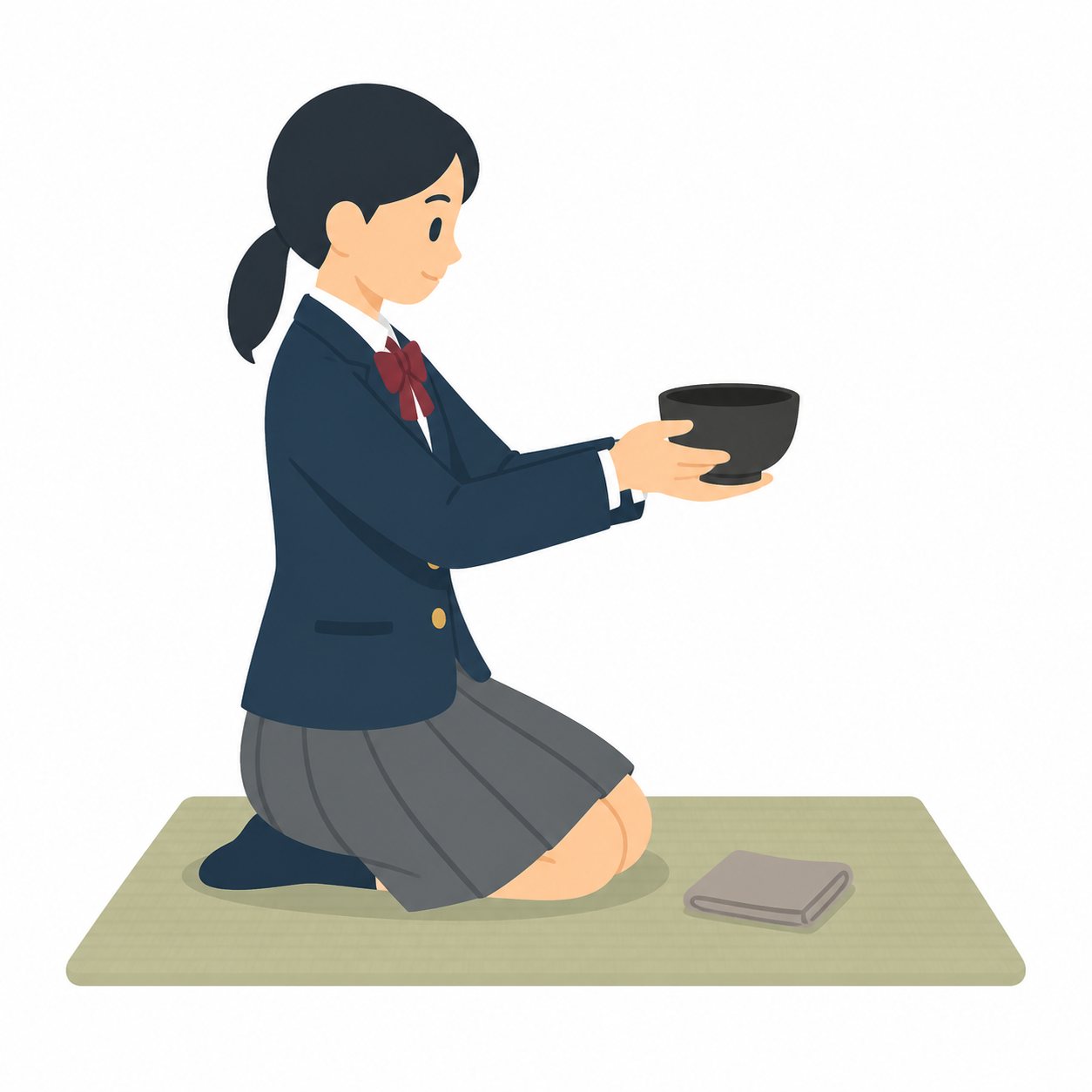 中学生・茶道部・お茶を出す女子（ブレザー）。お茶を差し出す女子。輪郭線なしのフラットイラスト。制服は紺ブレザー×えんじのシリーズ共通デザインなので、他の中学生素材と組み合わせても同じ学校の場面になります。