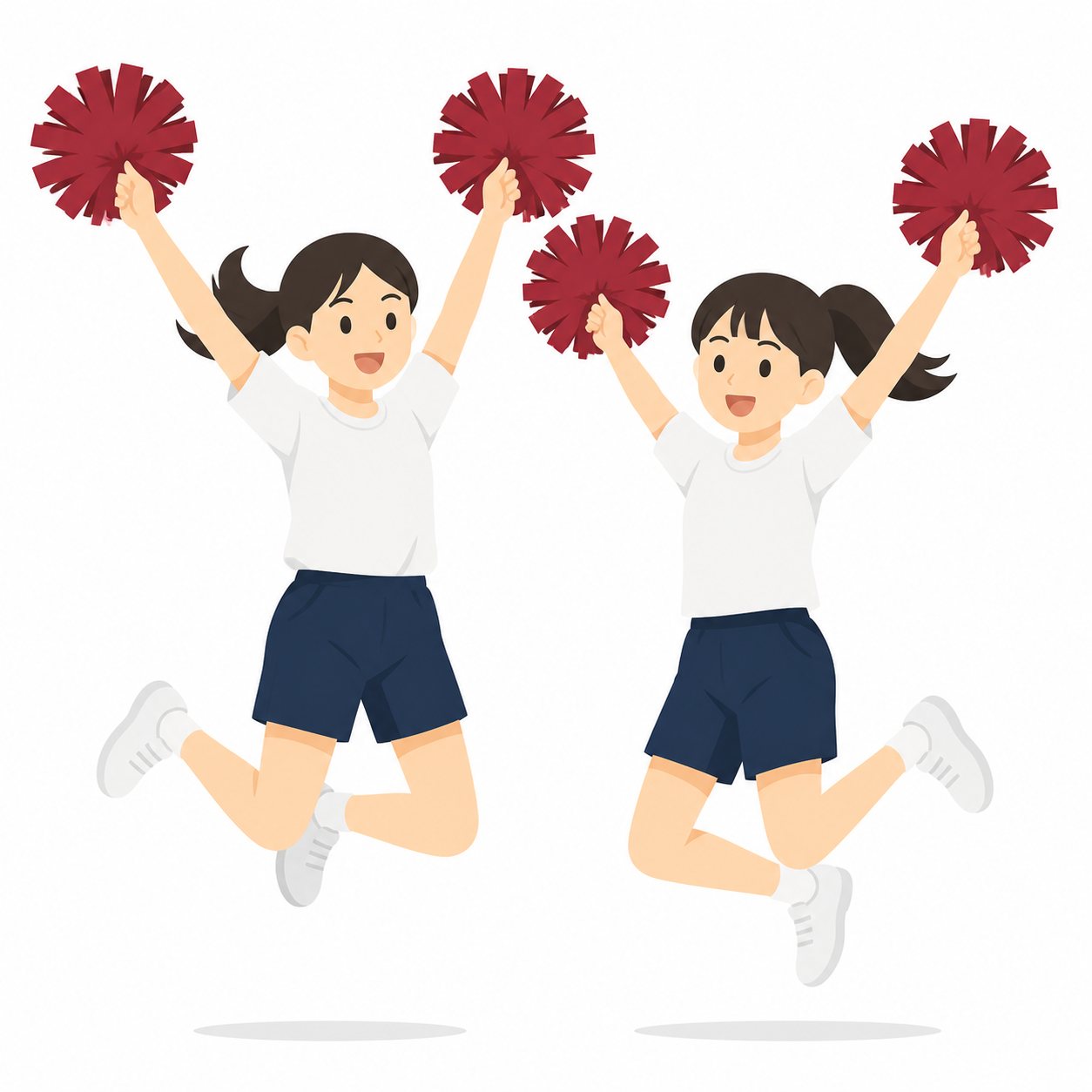 中学生・応援する女子ふたり（ポンポン）。ポンポンで応援する女子。輪郭線なしのフラットイラスト。制服は紺ブレザー×えんじのシリーズ共通デザインなので、他の中学生素材と組み合わせても同じ学校の場面になります。