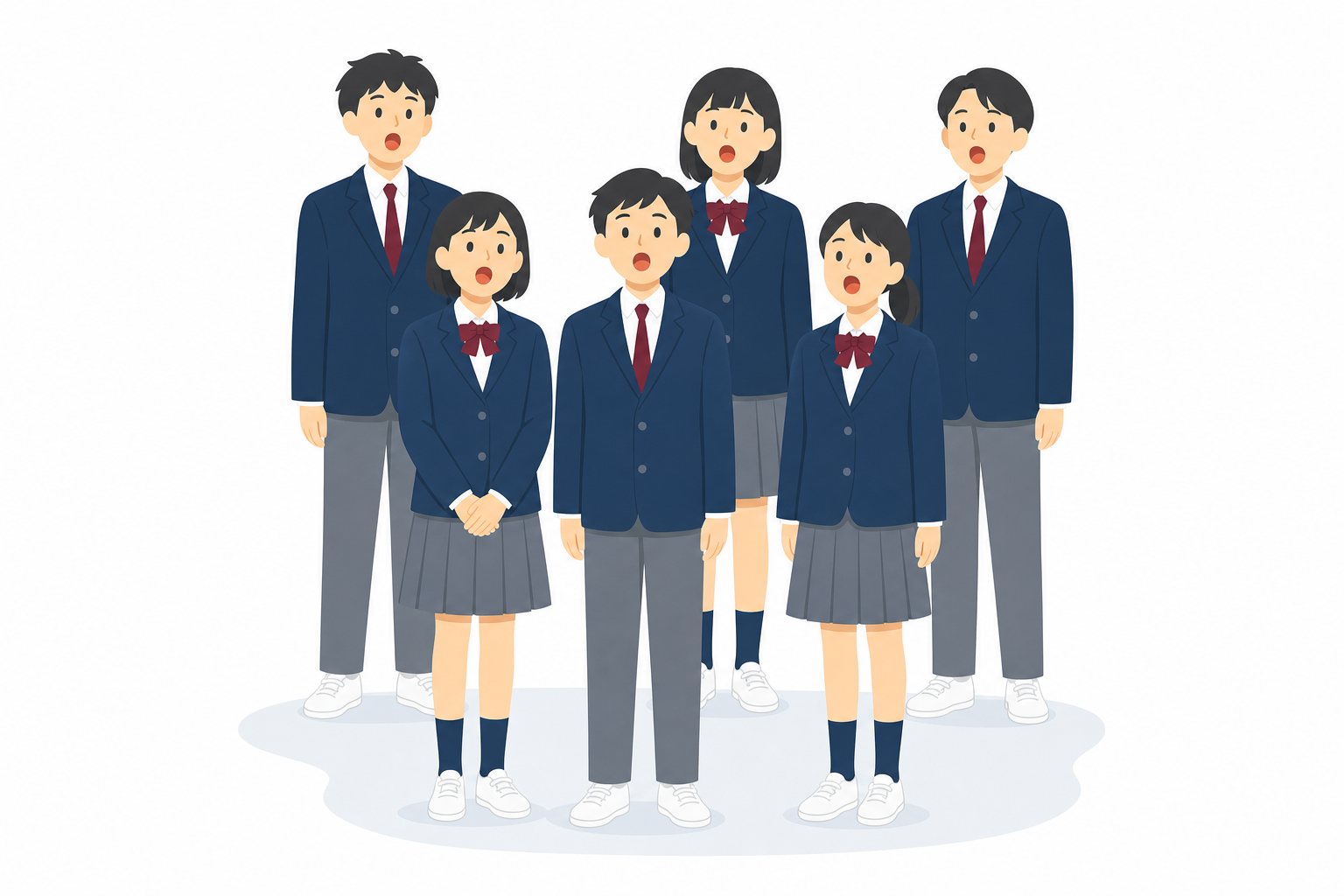 中学生・合唱する生徒たち（2列）（ブレザー）。2列で合唱する6人。輪郭線なしのフラットイラスト。制服は紺ブレザー×えんじのシリーズ共通デザインなので、他の中学生素材と組み合わせても同じ学校の場面になります。
