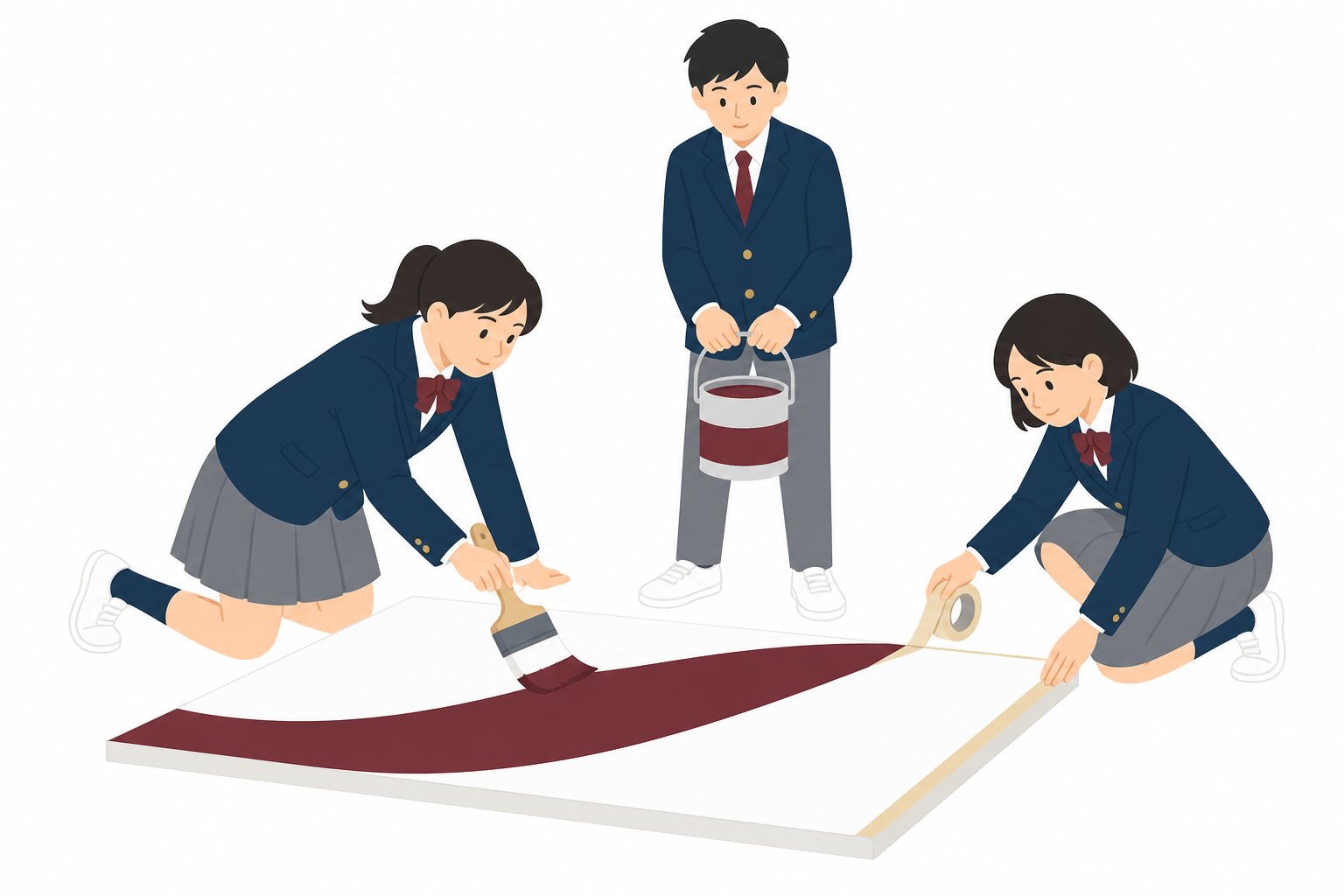 中学生・文化祭・看板づくり（ブレザー）。看板を協力して作る3人。輪郭線なしのフラットイラスト。制服は紺ブレザー×えんじのシリーズ共通デザインなので、他の中学生素材と組み合わせても同じ学校の場面になります。