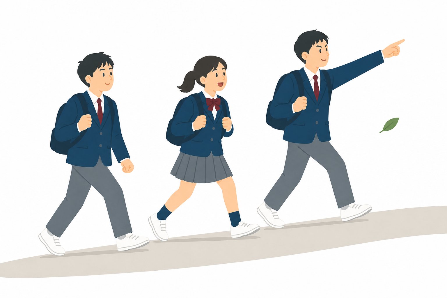 中学生・遠足・歩く3人（ブレザー）。遠足で歩く3人。輪郭線なしのフラットイラスト。制服は紺ブレザー×えんじのシリーズ共通デザインなので、他の中学生素材と組み合わせても同じ学校の場面になります。