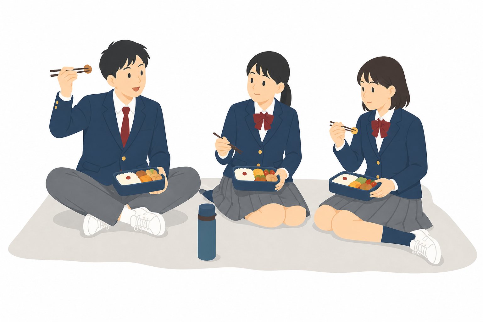 中学生・遠足・お弁当タイム（ブレザー）。シートでお弁当を食べる3人。輪郭線なしのフラットイラスト。制服は紺ブレザー×えんじのシリーズ共通デザインなので、他の中学生素材と組み合わせても同じ学校の場面になります。