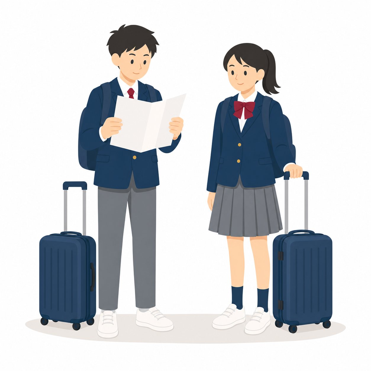 中学生・修学旅行へ出発する男女（ブレザー）。キャリーバッグを持つ男女。輪郭線なしのフラットイラスト。制服は紺ブレザー×えんじのシリーズ共通デザインなので、他の中学生素材と組み合わせても同じ学校の場面になります。