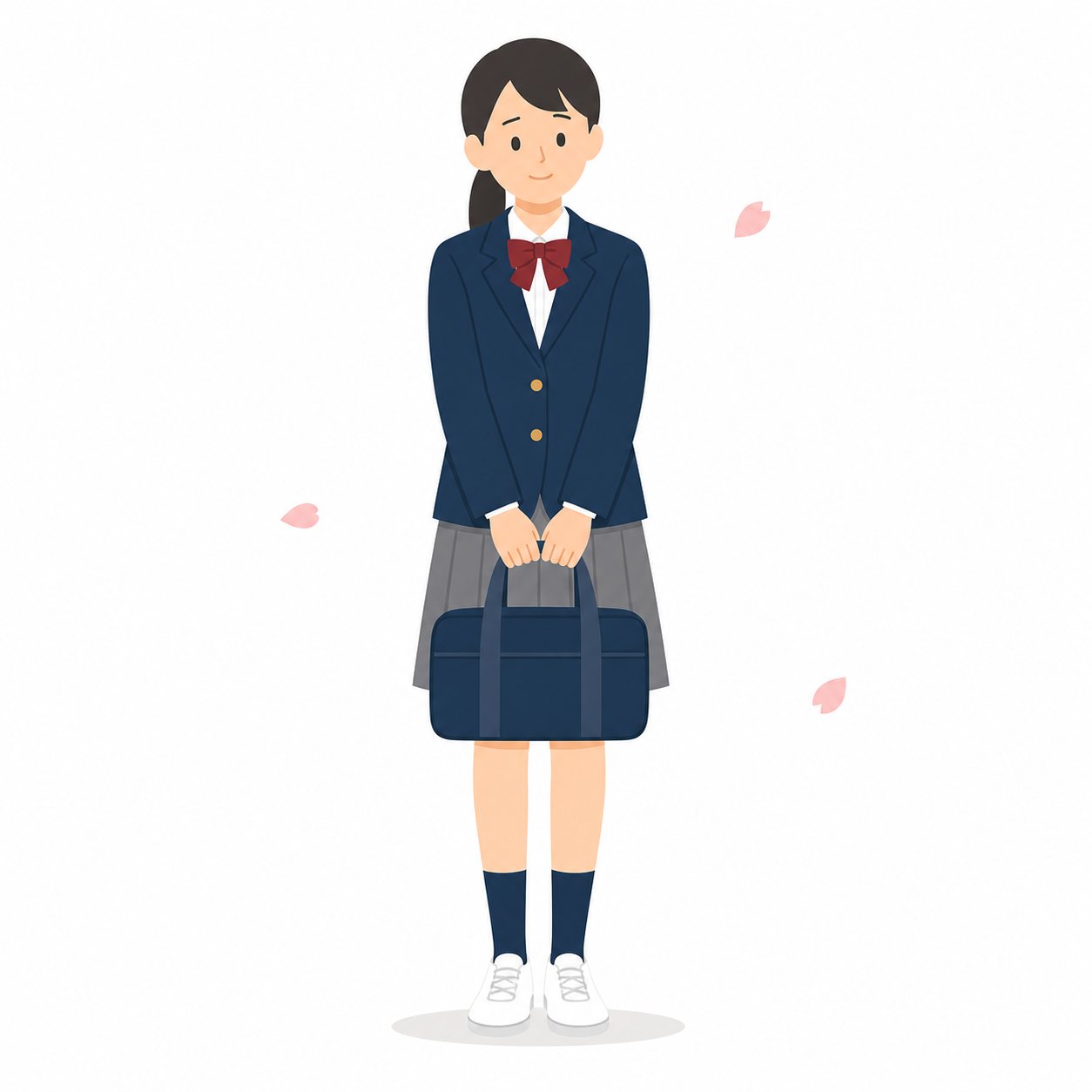 中学生・入学式の女子(桜)(ブレザー)。真新しい制服で立つ新入生。輪郭線なしのフラットイラスト。制服は紺ブレザー×えんじのシリーズ共通デザインなので、他の中学生素材と組み合わせても同じ学校の場面になります。
