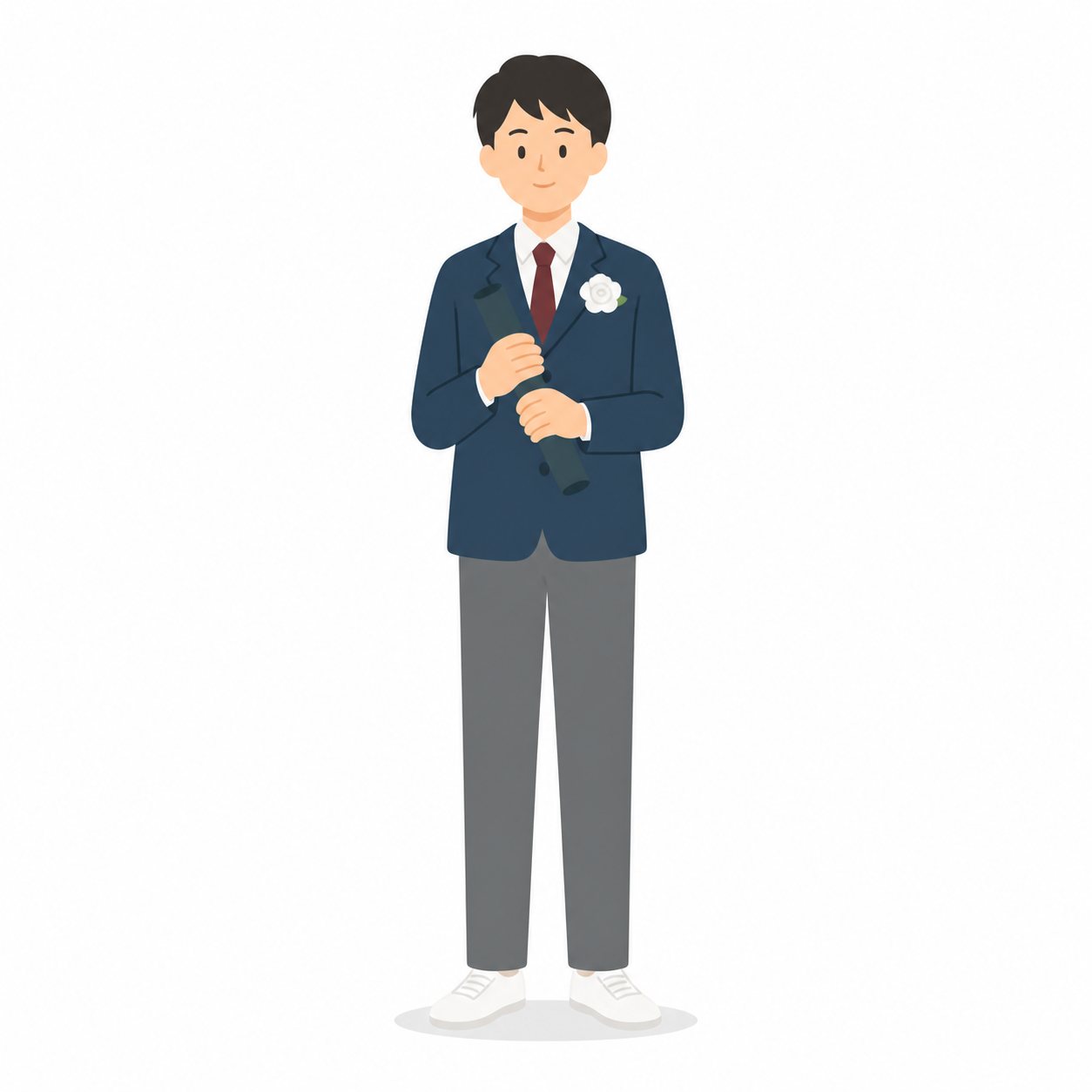 中学生・卒業式の男子（証書筒）（ブレザー）。証書筒を持つ卒業生。輪郭線なしのフラットイラスト。制服は紺ブレザー×えんじのシリーズ共通デザインなので、他の中学生素材と組み合わせても同じ学校の場面になります。
