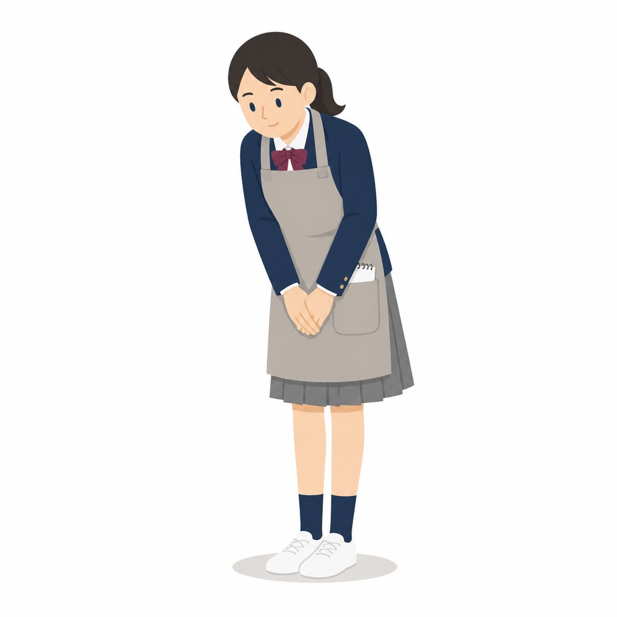 中学生・職場体験であいさつする女子（ブレザー）。職場体験のあいさつをする女子。輪郭線なしのフラットイラスト。制服は紺ブレザー×えんじのシリーズ共通デザインなので、他の中学生素材と組み合わせても同じ学校の場面になります。
