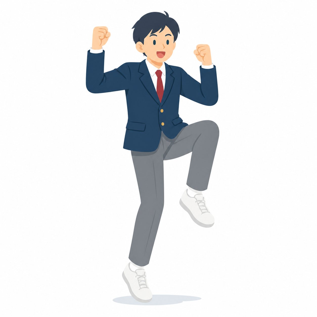 中学生・ガッツポーズの男子（ブレザー）。やったー！のガッツポーズ（男子）。輪郭線なしのフラットイラスト。制服は紺ブレザー×えんじのシリーズ共通デザインなので、他の中学生素材と組み合わせても同じ学校の場面になります。