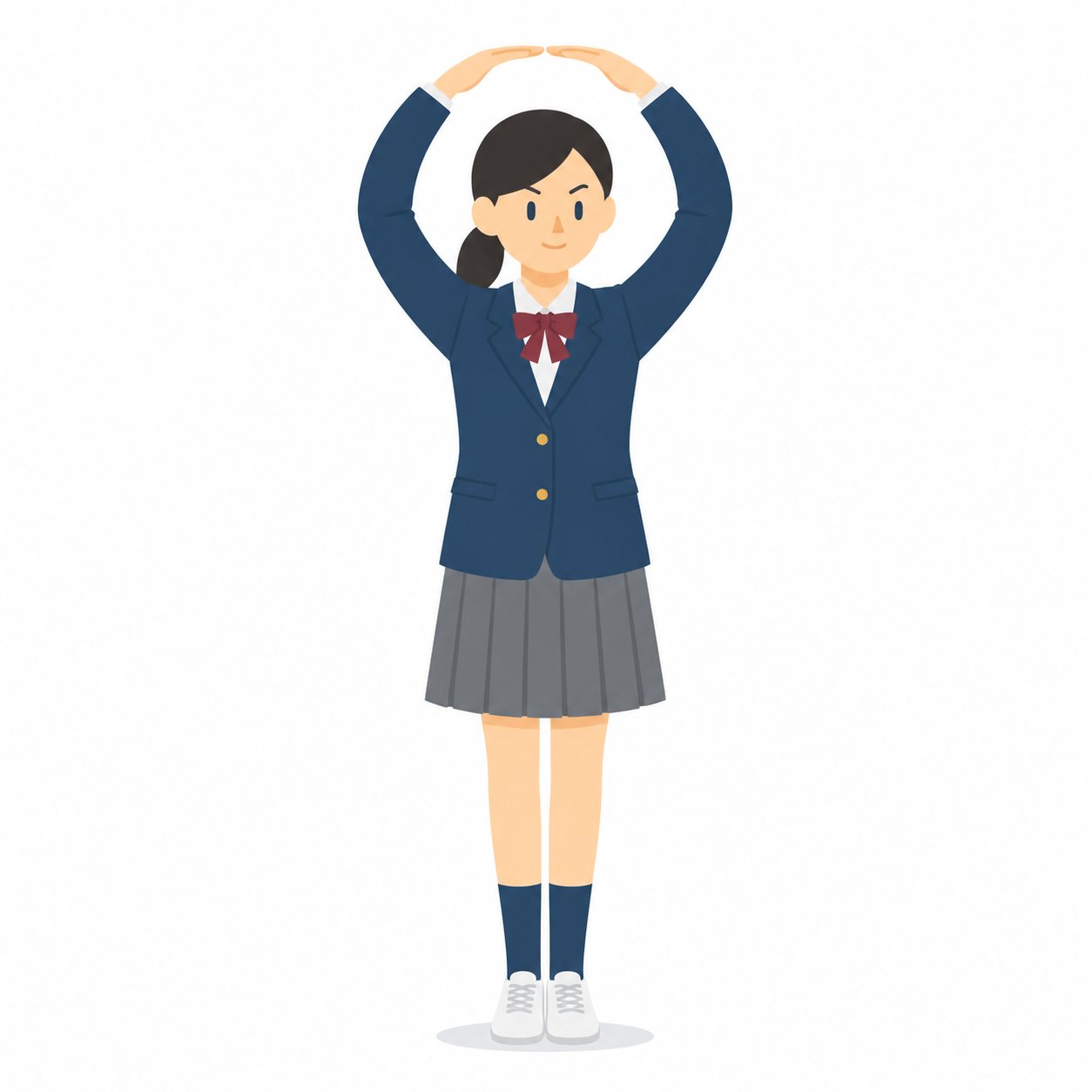 中学生・まる（OK）サインの女子（ブレザー）。腕で大きな○をつくる女子。輪郭線なしのフラットイラスト。制服は紺ブレザー×えんじのシリーズ共通デザインなので、他の中学生素材と組み合わせても同じ学校の場面になります。