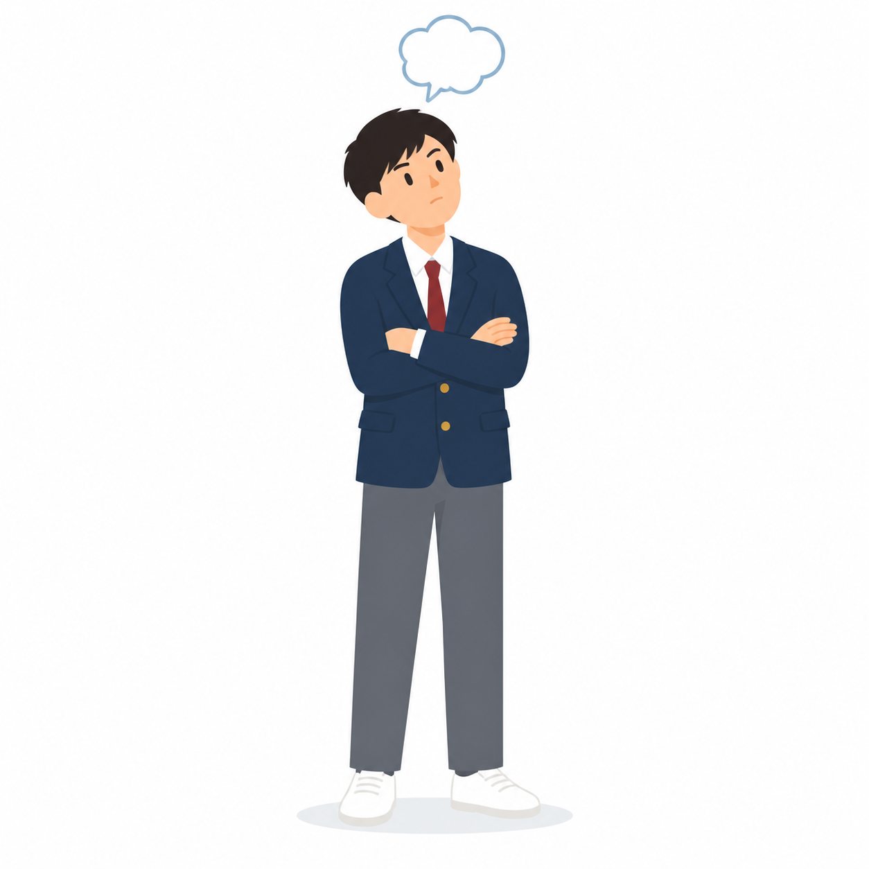 中学生・考え込む男子（ブレザー）。うーんと考える男子。輪郭線なしのフラットイラスト。制服は紺ブレザー×えんじのシリーズ共通デザインなので、他の中学生素材と組み合わせても同じ学校の場面になります。