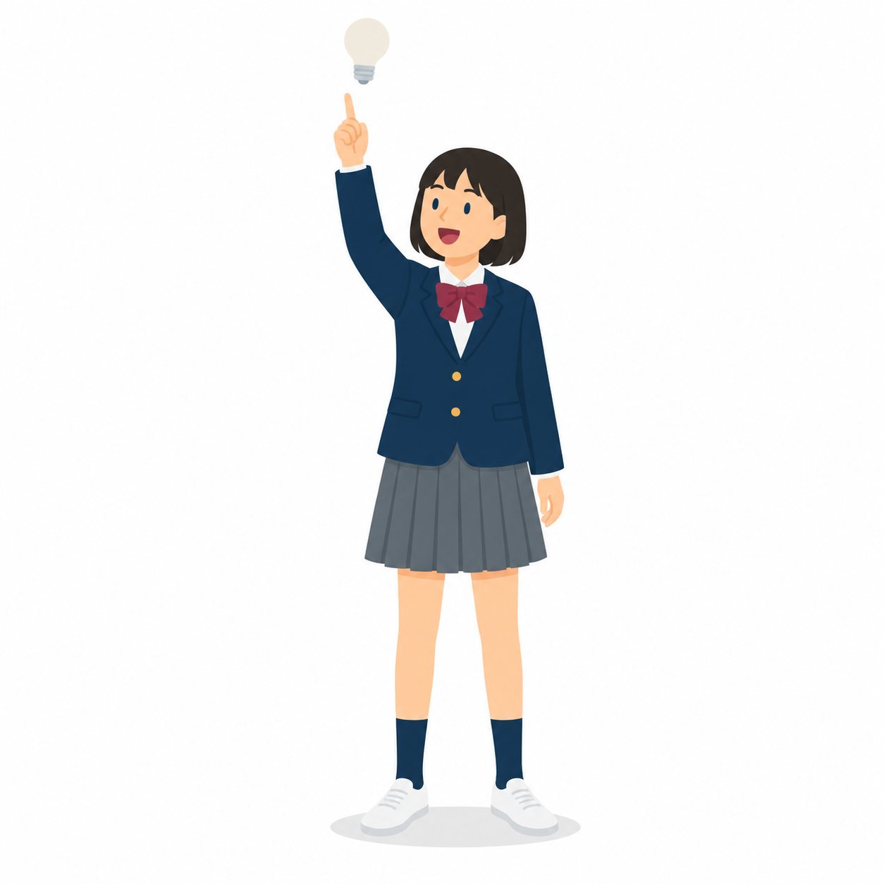 中学生・ひらめいた女子(ブレザー)。ひらめきポーズの女子。輪郭線なしのフラットイラスト。制服は紺ブレザー×えんじのシリーズ共通デザインなので、他の中学生素材と組み合わせても同じ学校の場面になります。