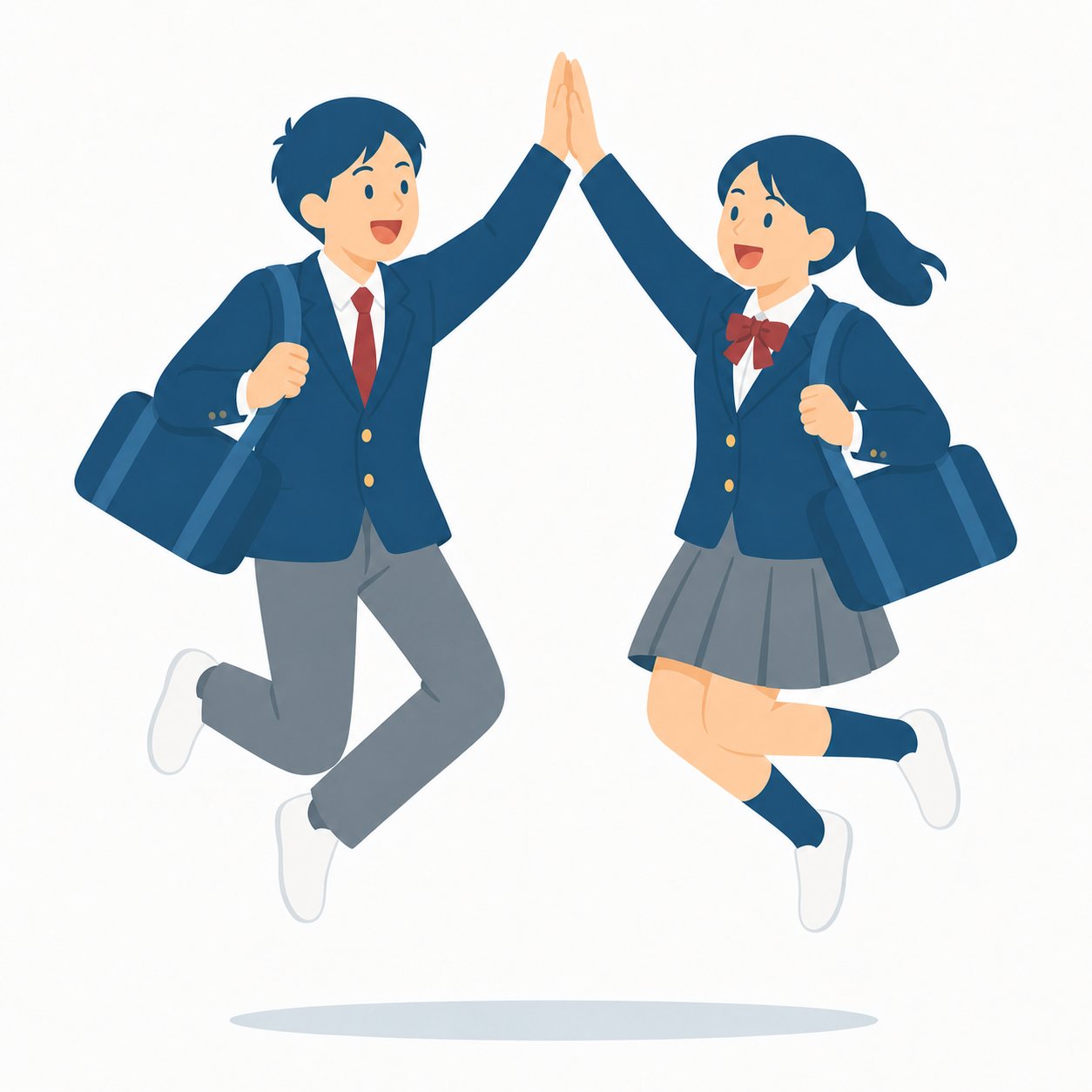 中学生・ハイタッチする男女（ブレザー）。ハイタッチで喜ぶ男女。輪郭線なしのフラットイラスト。制服は紺ブレザー×えんじのシリーズ共通デザインなので、同じシリーズの素材と組み合わせても同じ学校の場面になります。