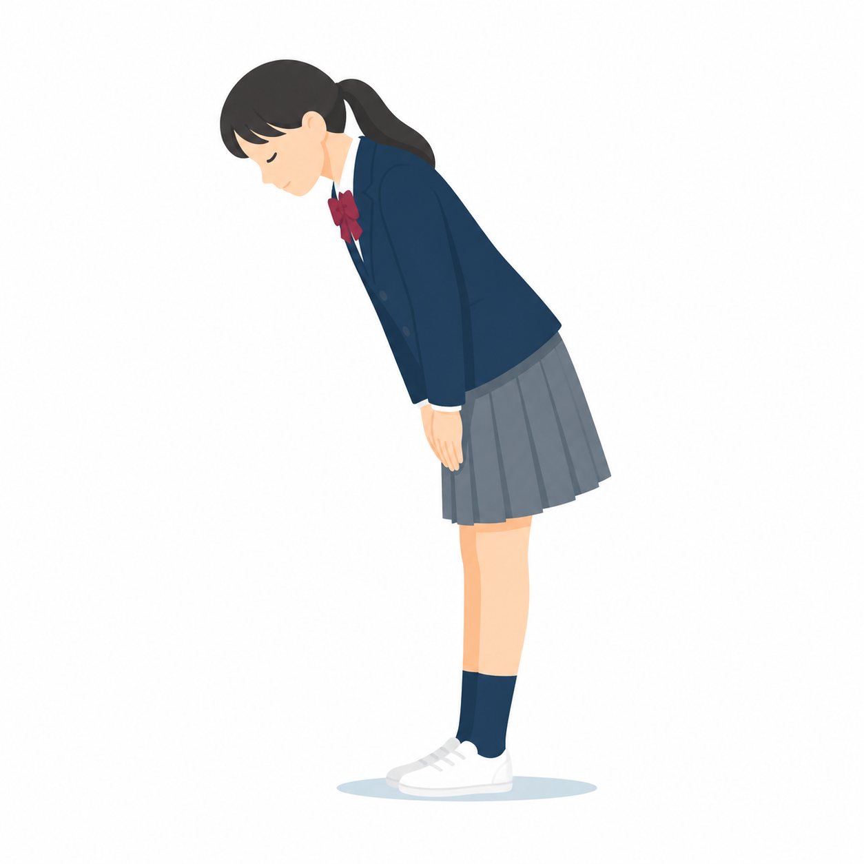 中学生・ていねいにおじぎする女子(ブレザー)。深くおじぎする女子。輪郭線なしのフラットイラスト。制服は紺ブレザー×えんじのシリーズ共通デザインなので、他の中学生素材と組み合わせても同じ学校の場面になります。