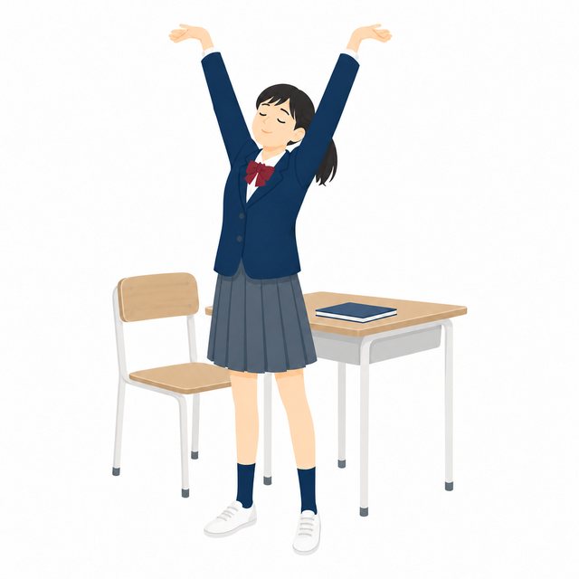 中学生・勉強のあとで伸びをする女子（ブレザー）