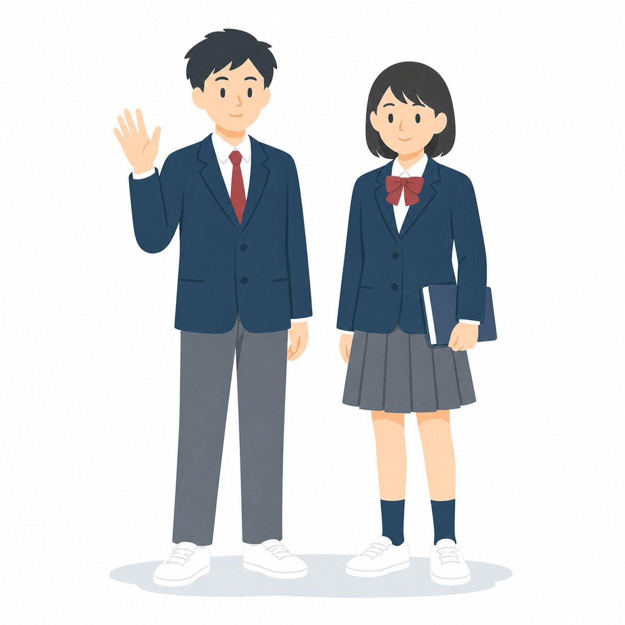 中学生・並んで立つ男女（あいさつ）（ブレザー）。並んで立つ男女ペア。輪郭線なしのフラットイラスト。制服は紺ブレザー×えんじのシリーズ共通デザインなので、他の中学生素材と組み合わせても同じ学校の場面になります。