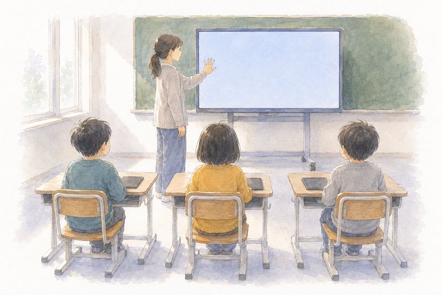 前を向く子どもたちと先生（教室うしろから）