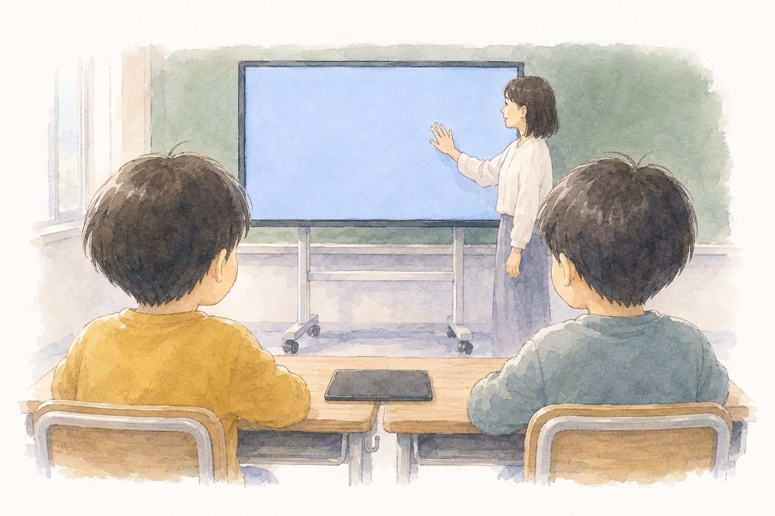 肩ごしに見る先生と電子黒板。子どもの目線で、電子黒板（無地の画面）とそのよこに立つ先生を見上げる。手前に2人の後ろ姿と、とじたタブレット。水彩・白背景・文字なし。思考ツールボードの「注目」の画面に使っている。