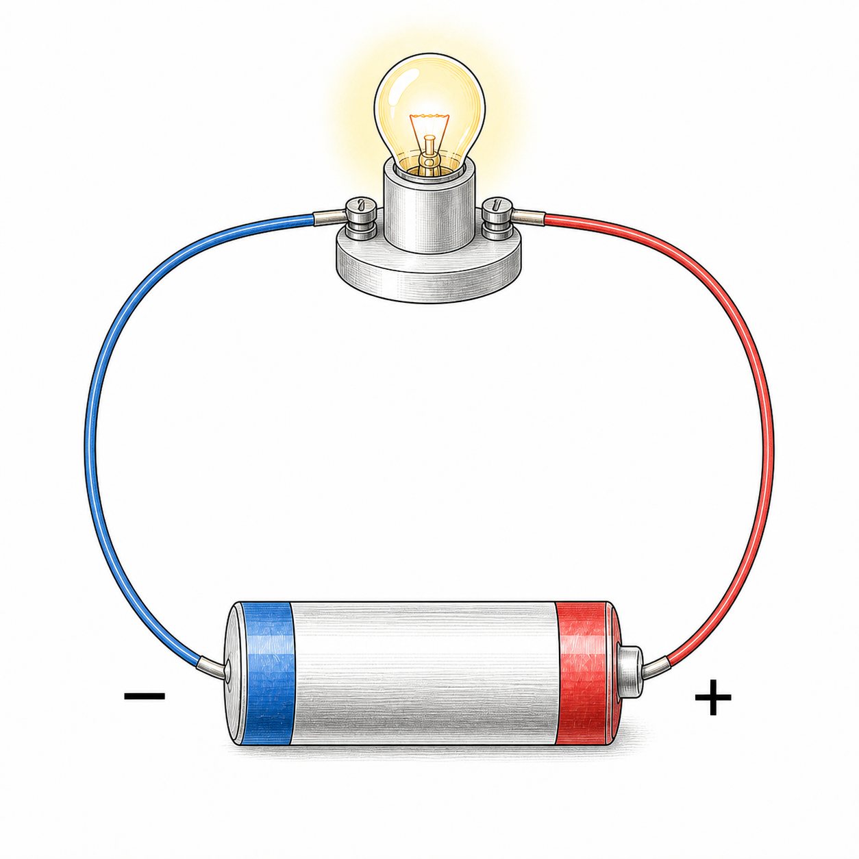 明かりがつく回路。豆電球・かん電池・導線が1つの輪でつながり、明かりがつく回路。