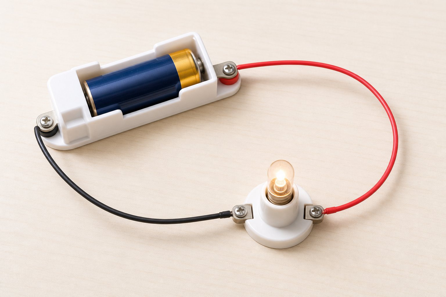明かりがつく回路（全体）。電池ボックス・豆電球・導線が輪になった、明かりがつく回路の全体。