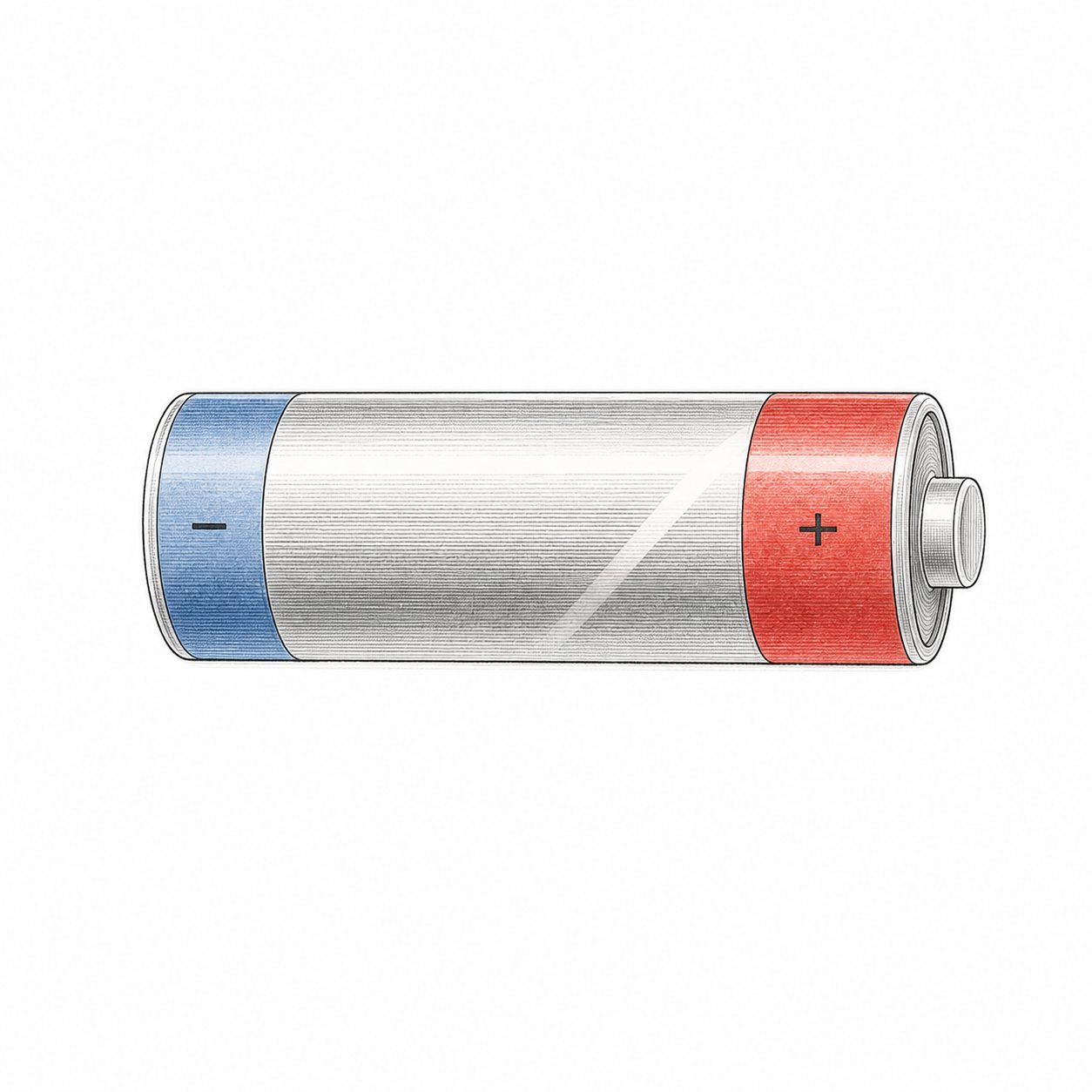 かん電池（＋極と−極）。かん電池の＋極と−極を示した基本の図。回路づくりの導入に。