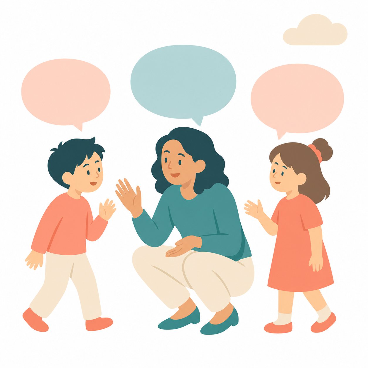 外国語・ALTと会話する（空の吹き出し）。ALT（外国語指導助手）としゃがんで会話する子どもたちと空の吹き出しのフラットイラスト。吹き出しに言葉を後入れできる。