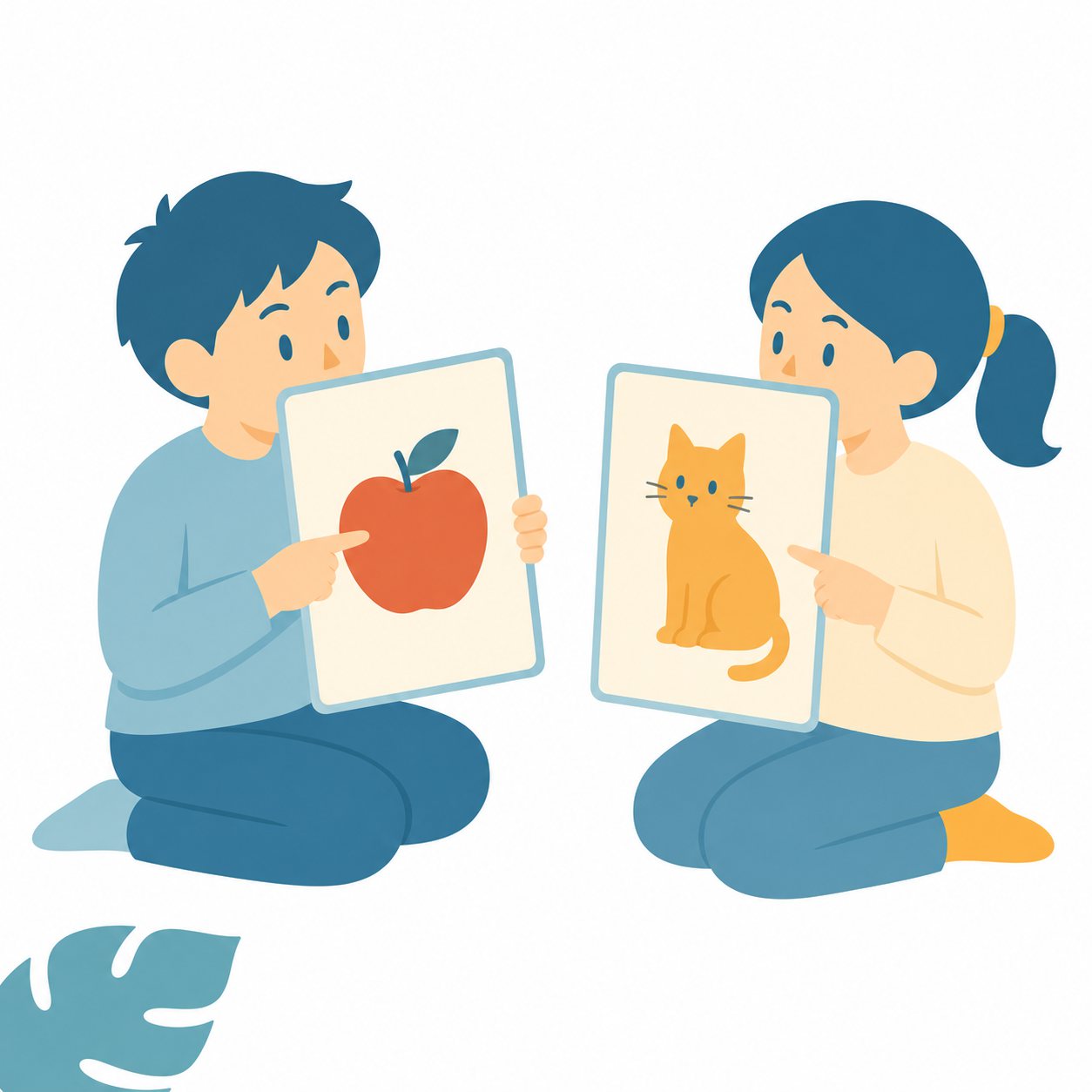 外国語・絵カードで言い合うペア。りんご・ねこなど文字なしの絵カードを見せ合って名前を言うペアのフラットイラスト。