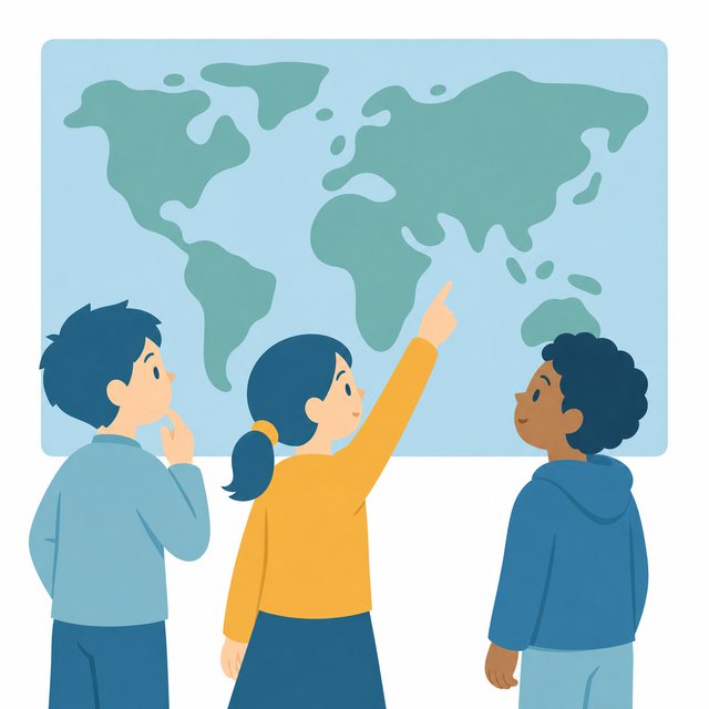 外国語・世界地図で国を指さす